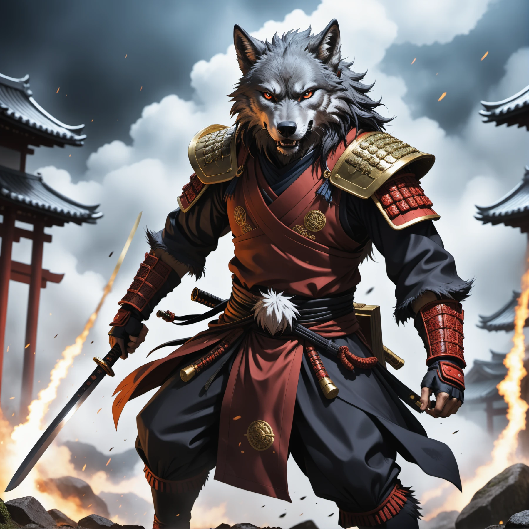 anime artwork anime artwork ((dark anime art:1.1)), a wrathful samurai wolf is storming the battlefield . anime style, key visual, vibrant, studio anime, highly detailed . anime style, key visual, vibrant, studio anime, highly detailed