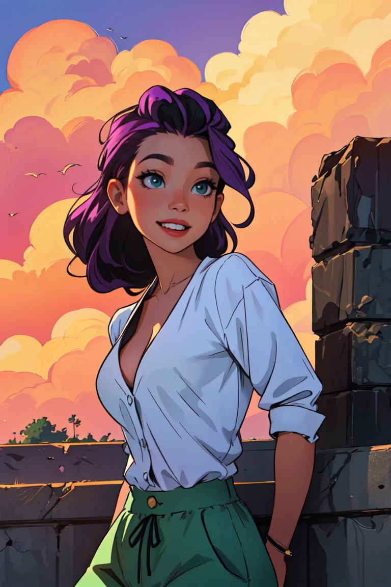 (masterpiece:1.2),(best quality:1.2),perfect eyes,perfect face,volumetric lighting,1girl,mature female,MILF,streetwear,urban style,(Shrek Green :1.1) blouse showing a beautiful cleavage,pants,long detachedlight purple hair,colorful streaks,intricate hairdo,smiling,happy,Chisinau,dark theme,sunset,clouds,detailed background,intricate,high quality,best quality,high resolution,pixiv,sciamano240,artgerm,<lora:sam_yang_offset_right_filesize:0.8>,<lora:GoodHands-beta2:1>,