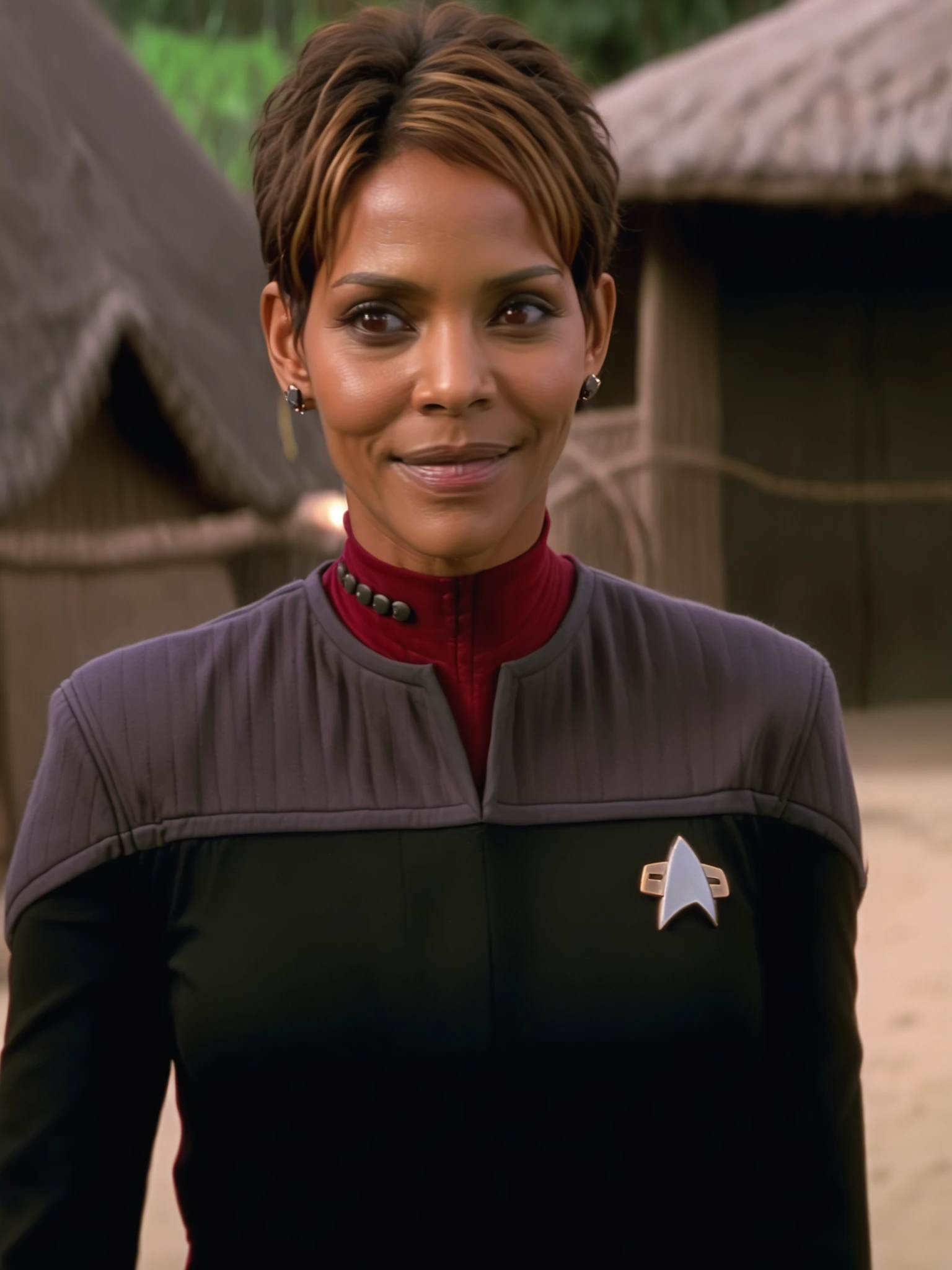 halle berry in black and red ds9st uniform,in a village<lora:DS9XLV21_16-000004:0.8>