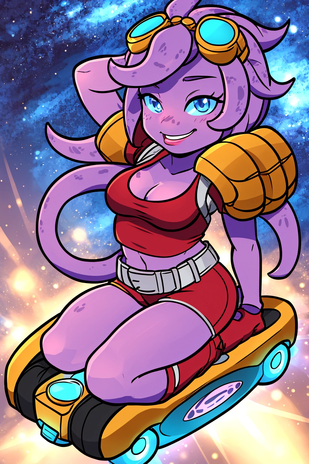 solo, riding a hoverboard, 
 <lora:CocoNebulon:0.9> CocoNebulon, tentacle_hair, purple_skin, glowing blue eyes, no nose, red tanktop, red shorts, red boots, bronze shoulderpads, white belt, goggles on head,, (best quality, perfect quality),