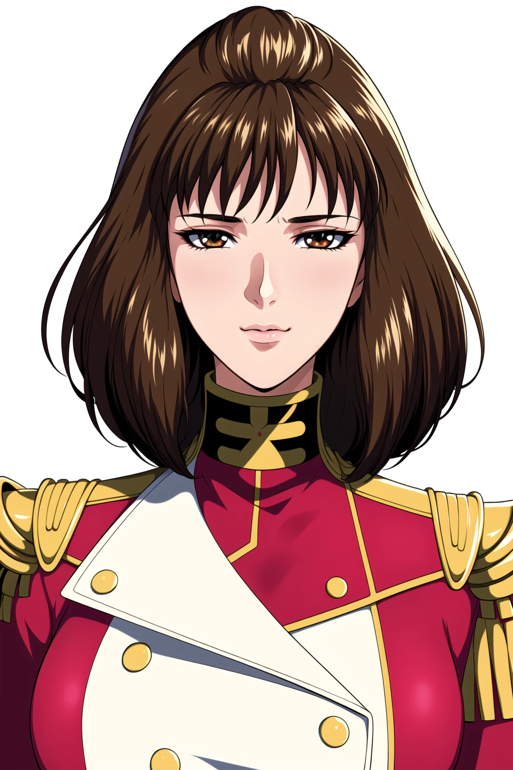 Simple White Background,
red uniform,red_jacket,long_sleeves,gold trim,White_ascot, buttons,
<lora:Luna_Armonia_Gunit-KK77-V1:0.7>,military_uniform,military,epaulettes,
brown_eyes, brown_hair, medium hair, jewelry,bangs, bob_cut,
<lora:Oda_Non_Style-KK77-V2:0.3>,<lora:more_details:0.1>,
1 girl, 20yo,Young female,Beautiful Finger,Beautiful long legs,Beautiful body,Beautiful Nose,Beautiful character design, perfect eyes, perfect face,expressive eyes,perfect balance,
looking at viewer,(Focus on her face),closed mouth, (innocent_big_eyes:1.0),(Light_Smile:0.3),
official art,extremely detailed CG unity 8k wallpaper, perfect lighting,Colorful, Bright_Front_face_Lighting,White skin,
(masterpiece:1.0),(best_quality:1.0), ultra high res,4K,ultra-detailed,
photography, 8K, HDR, highres, absurdres:1.2, Kodak portra 400, film grain, blurry background, bokeh:1.2, lens flare, (vibrant_color:1.2),professional photograph,
(Beautiful,large_Breasts:1.4), (beautiful_face:1.5),(narrow_waist),