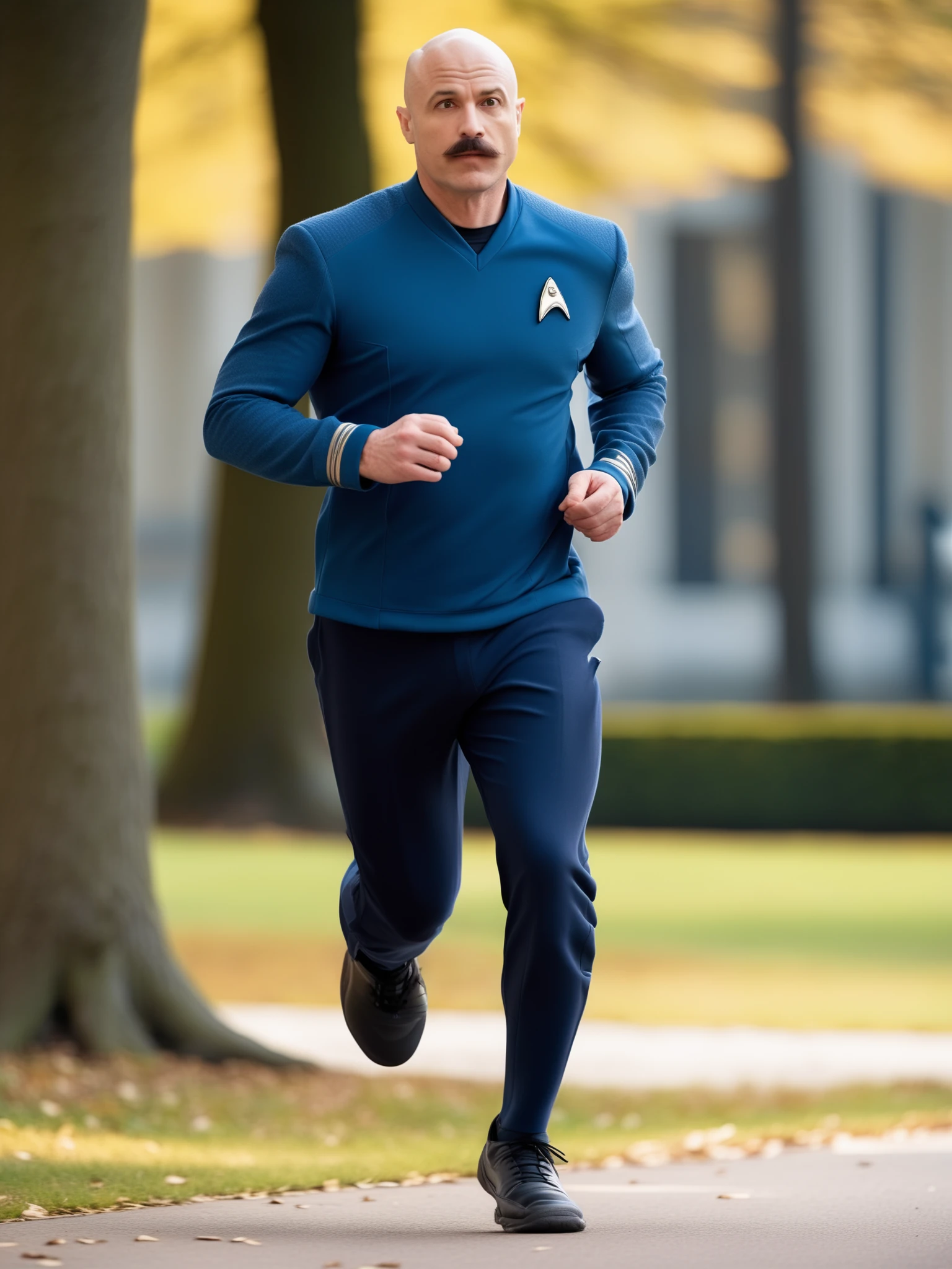 bald man with a moustache in blue stsnwunf uniform,jogging in park<lora:DSSNWXL:0.8>