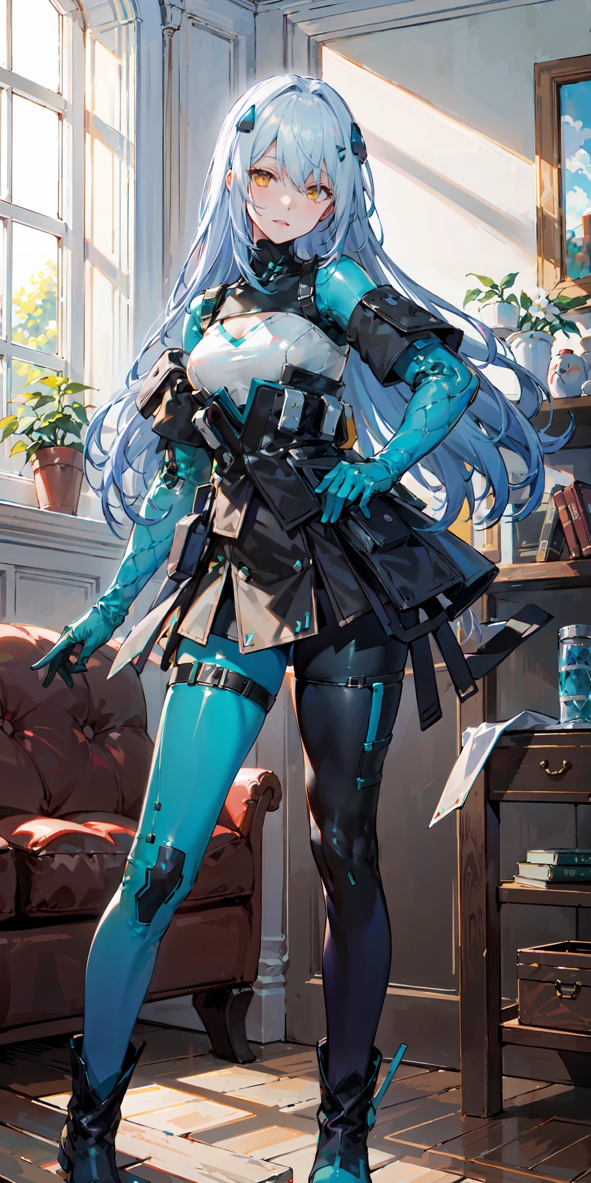 LYFEB, tactical_bodysuit, asymmetrical_leggings,  hairclip, gloves, boots,  light_blue_hair, long_hair, yellow_eyes, looking at viewer, naughty face,  1girl, standing, living_room,  day, dappled_sunlight, window, blue_sky,  (masterpiece,best quality,beautiful and aesthetic:1.2),  <lora:LYFEB-v1:0.7>