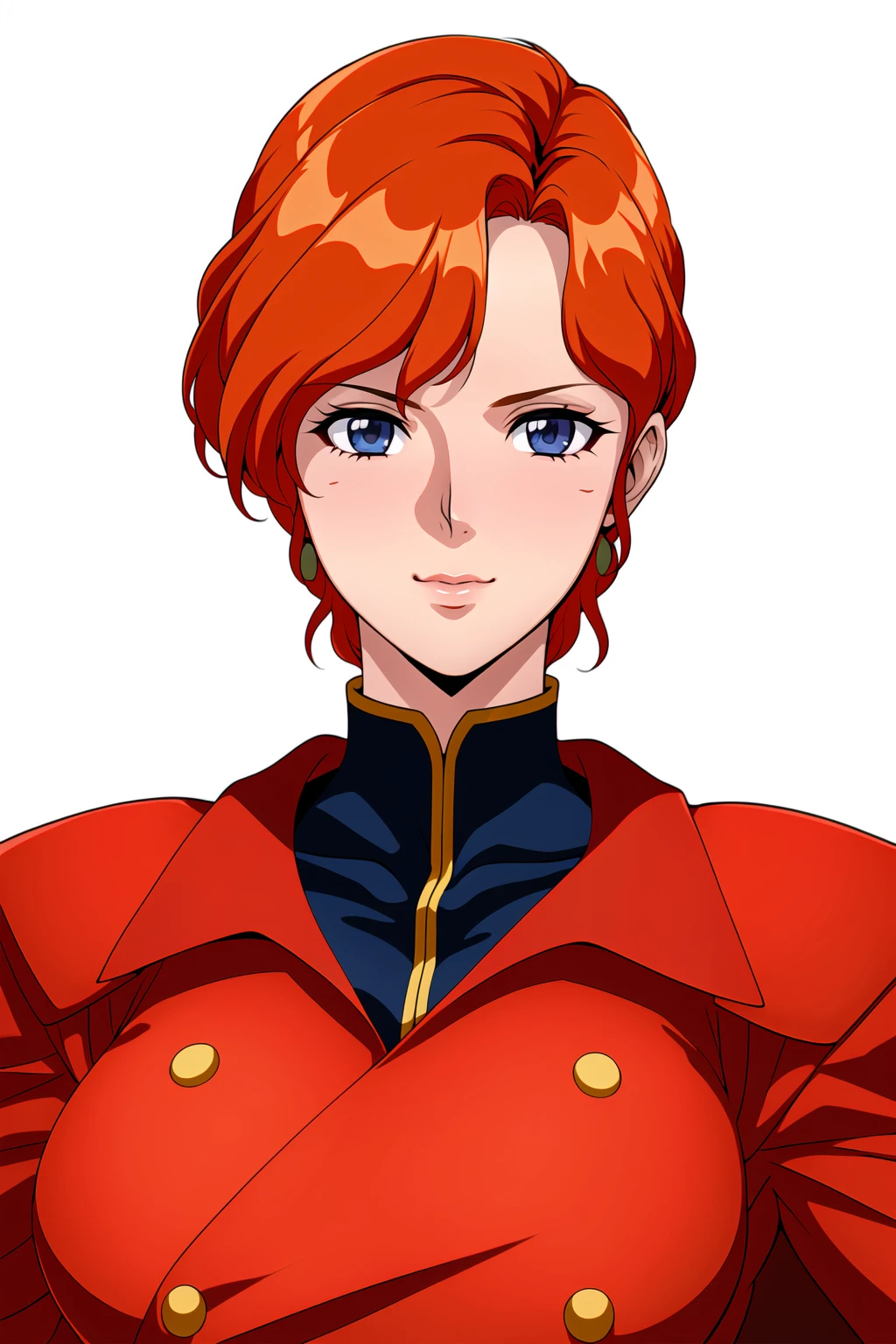 Simple White Background,
red uniform,red jacket,military_uniform,military,long_sleeves,red_cape,Black collar,
<lora:Berah_Ronah_Crossbone-KK77-V1:0.7>,earrings, jewelry
orange_hair,short_hair,Bangs,Blue Eyes,
<lora:Oda_Non_Style-KK77-V2:0.3>,<lora:more_details:0.1>,
1 girl, 20yo,Young female,Beautiful Finger,Beautiful long legs,Beautiful body,Beautiful Nose,Beautiful character design, perfect eyes, perfect face,expressive eyes,perfect balance,
looking at viewer,(Focus on her face),closed mouth, (innocent_big_eyes:1.0),(Light_Smile:0.3),
official art,extremely detailed CG unity 8k wallpaper, perfect lighting,Colorful, Bright_Front_face_Lighting,White skin,
(masterpiece:1.0),(best_quality:1.0), ultra high res,4K,ultra-detailed,
photography, 8K, HDR, highres, absurdres:1.2, Kodak portra 400, film grain, blurry background, bokeh:1.2, lens flare, (vibrant_color:1.2),professional photograph,
(Beautiful,large_Breasts:1.4), (beautiful_face:1.5),(narrow_waist),