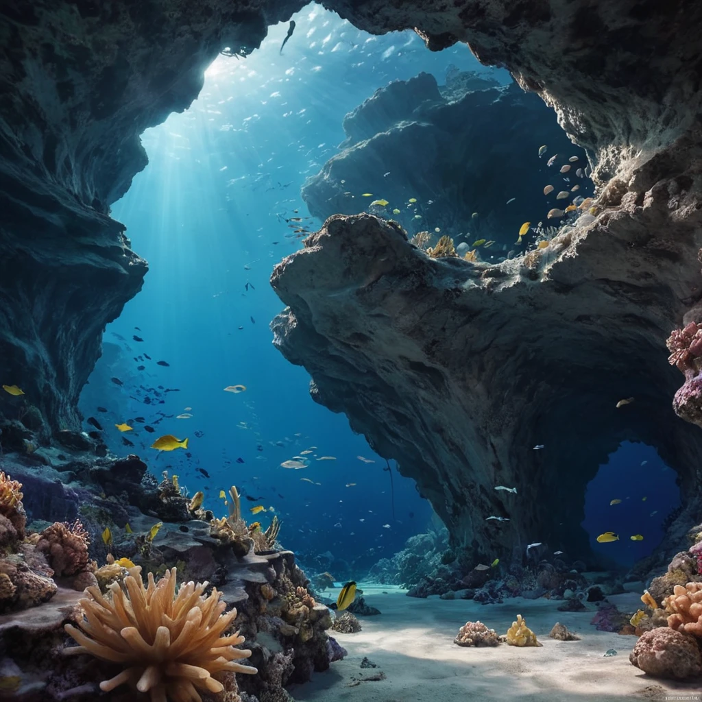 A image of An underwater cave system, teeming with exotic marine life and mysterious formations. Captured in HD on a hassleblad