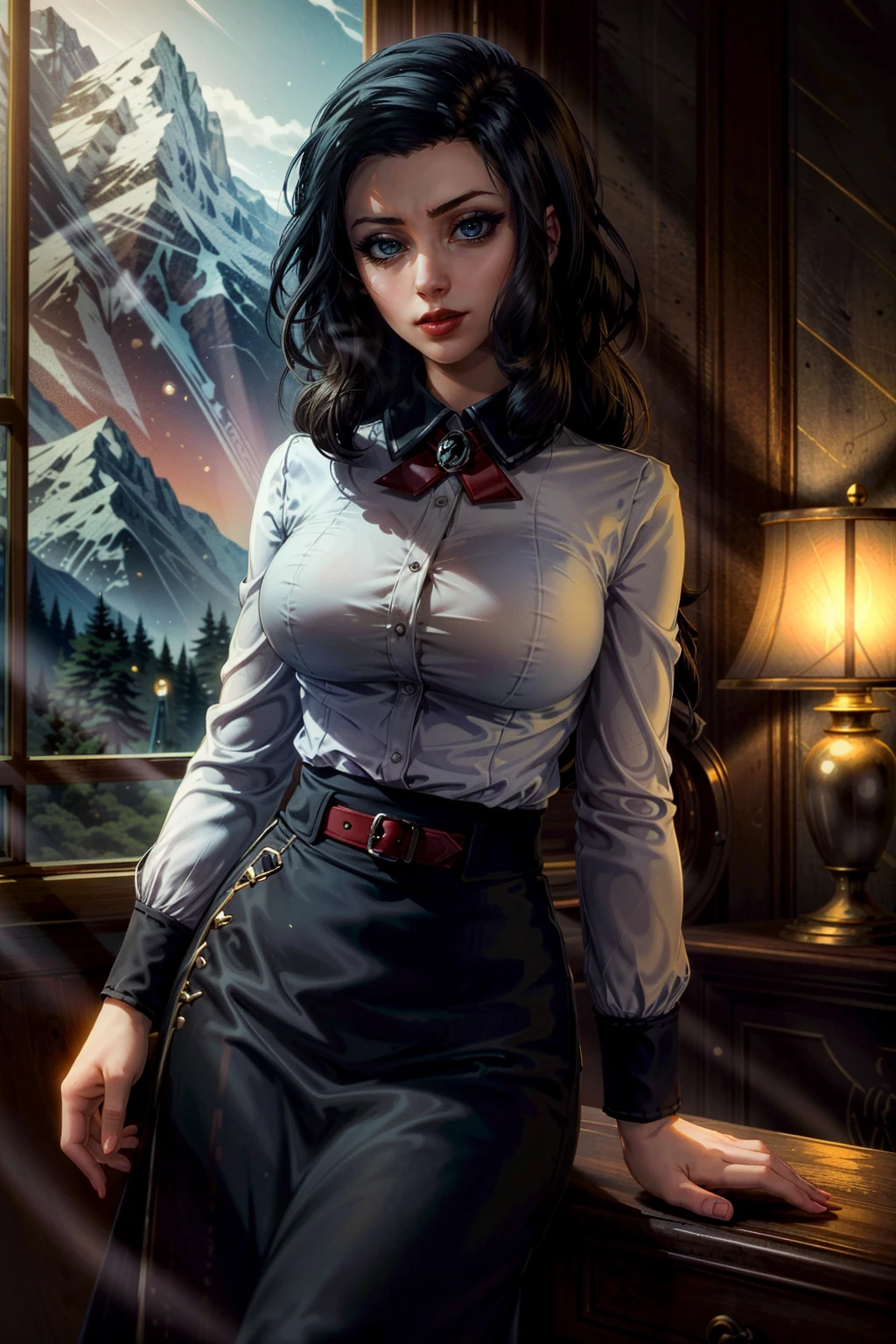 (masterpiece, best quality:1.3)
<lora:epi_noiseoffset2:1> <lora:add_detail:0.7> <lora:BioshockBurialElizabeth:0.8>
BioshockBurialElizabeth, 1girl, solo, red lips, long hair, cozy mountain chalet, twilight, warm and inviting with a soft glow emanating from windows