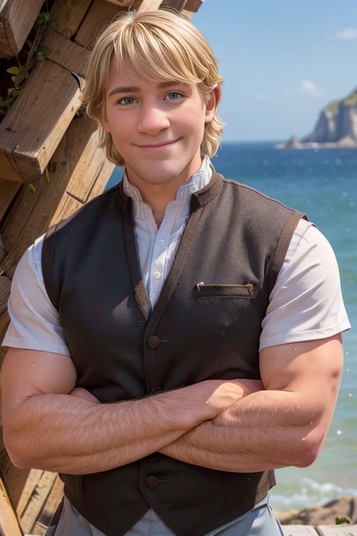 kristoff_bjorgman, smile, solo, muscular, 1man, blonde hair, big forearms, hairy arms, crossed arms, stubble, brown eyes, upper body, male focus, vest, outdoors, day, vest, blue sky, seaside <lora:kristoff_bjorgman:0.65>