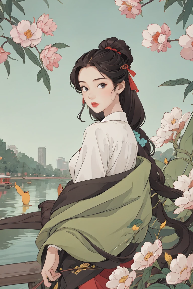 masterpiece,best quality,high quality, 1girl, 13 year old girl,white shirt,beauty, (trees:0.5), (flowers:0.6) ,(birds:0.2), (bamboo0.1), lakes, Hangzhou,looking at viewer, <lora:anxiang:0.7>,<lora:GoodHands-beta2:1>,