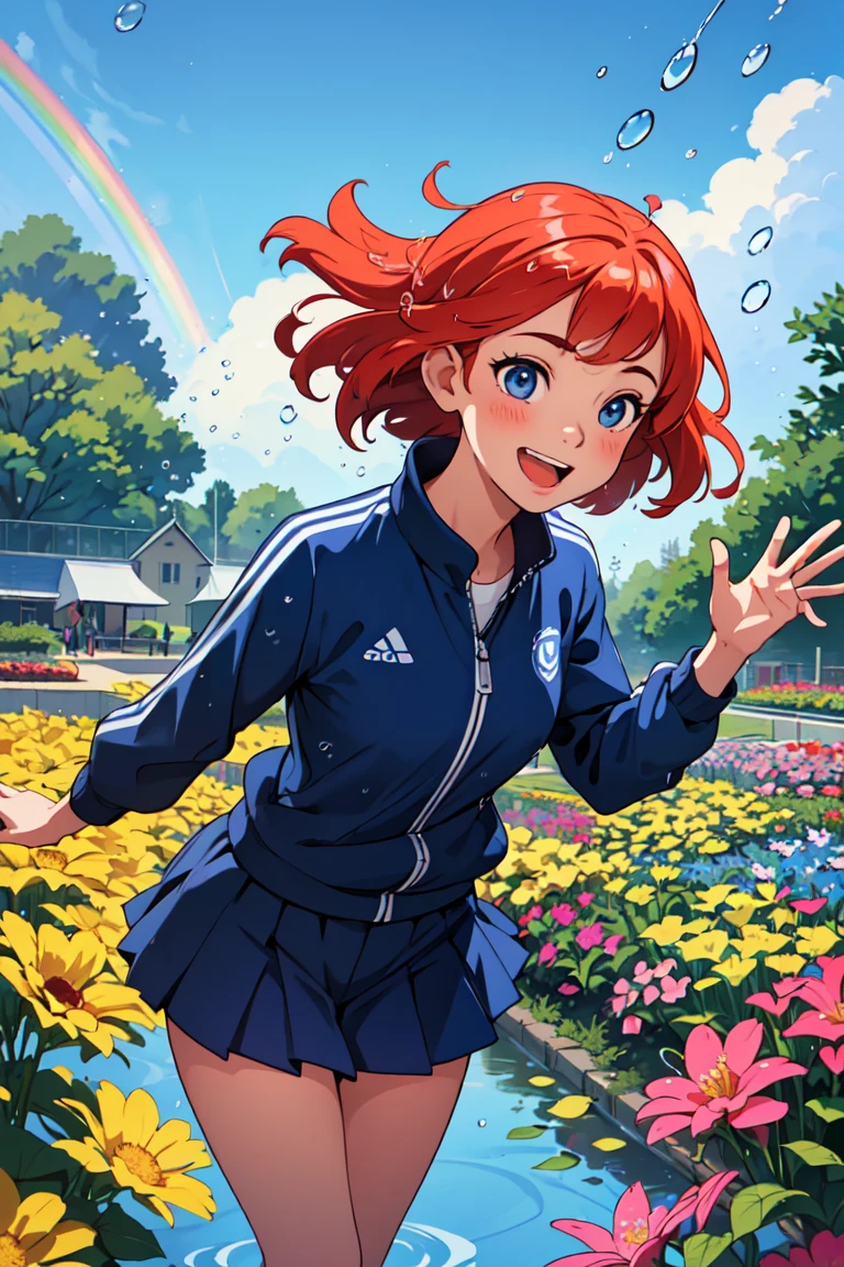 masterpiece,best quality,(kawaii cute navy tracksuit 1girl in school flower garden:1.3),(lots of waterdrops floating in air:1.4),(rainbow in sky),cowboy shot,from above,(vivid color, high contrast:1.2),bluesky,sun lighting,front lighting,mini skirt,flying petals,dynamic pose,joyful smile,(water splashing from sprinklers on the ground),(lively atmosphere, lively crowd of school girls:1.2),scenery,<lora:GoodHands-beta2:0.8>,