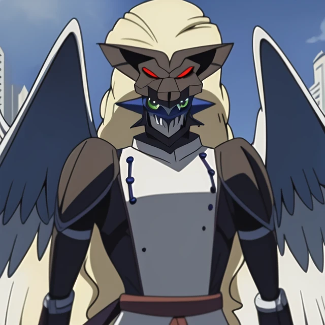 solo,duftmon,upper body,2d,anime style, cell shading,looking at veiwer,smug, portrait,outdoors,cityscape,wings,<lora:Duftmon_15774:1>, sfw,beautiful, masterpiece, best quality,absurderes,octane render
