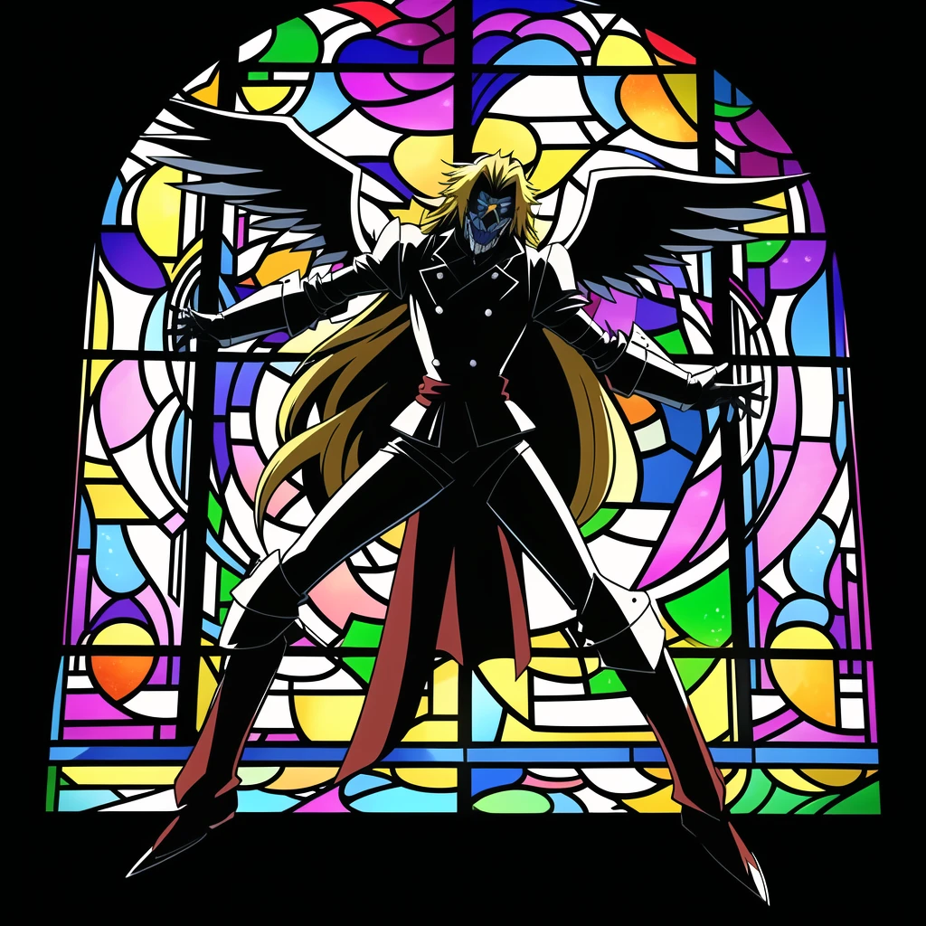 1boy,solo,full body,anime,2d,scene from hellsing,cinematic shot,alucard \(hellsing\) as a duftmon,indoors,castle hall,stained glass windows,dynamic pose,wings,fighting stance,armor, intricate linework,<lora:Duftmon_15774:0.6>, sfw,beautiful, masterpiece, best quality,absurderes,octane render