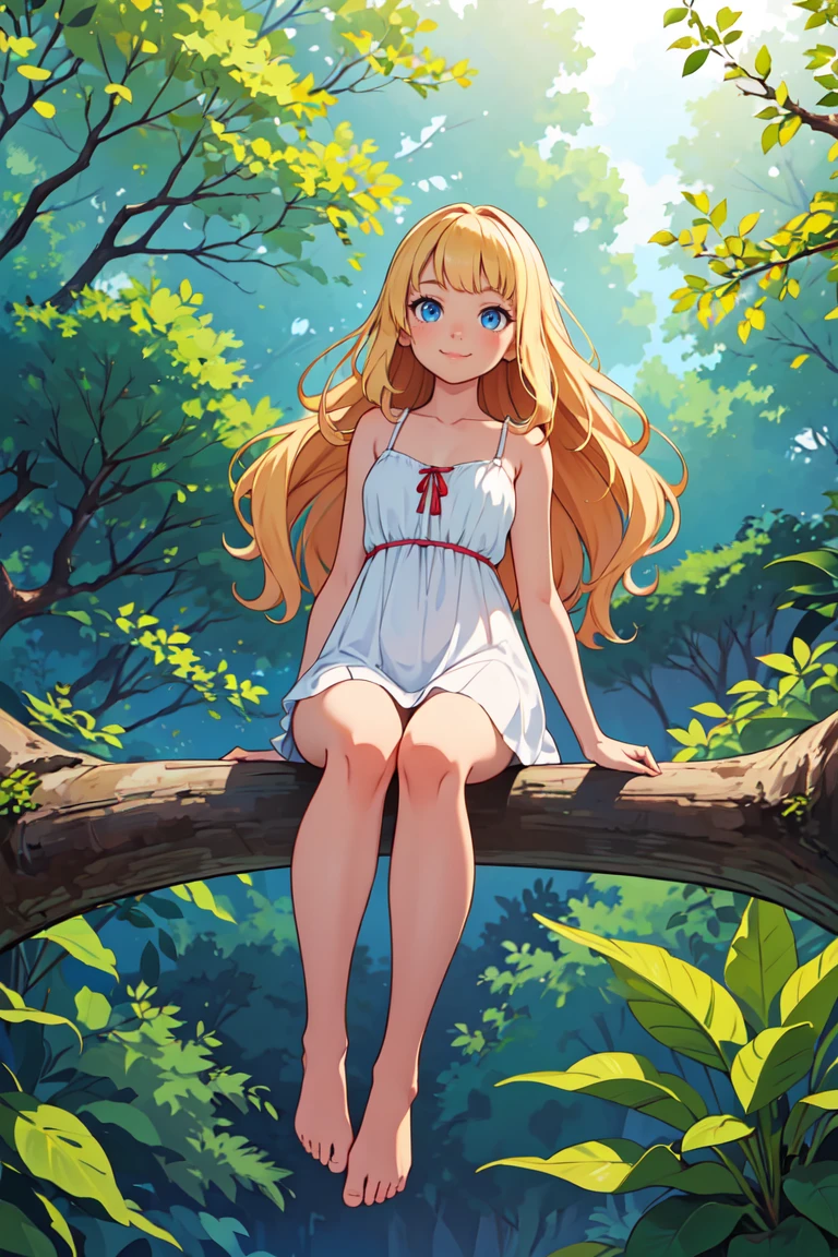 full body of cat girl sitting on branch in forest,best quality,highres,from below,cute,barefoot,white sundress,long hair,wavy hair,blonde hair,bangs,blue eyes,looking at viewer,light smile,closed mouth,scenery,<lora:GoodHands-beta2:1>,