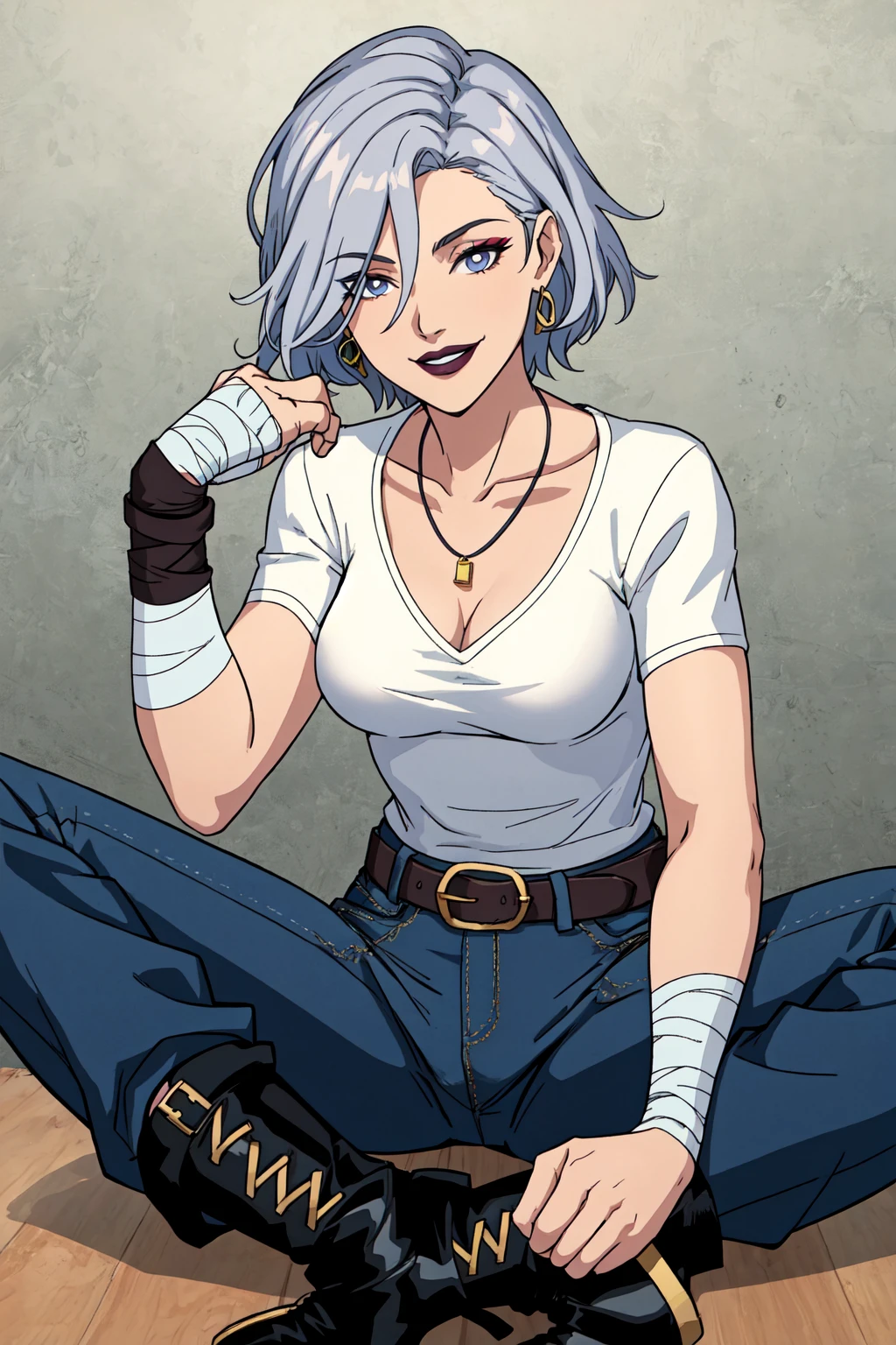 looking at viewer,  smile,  short hair,  shirt,  black hair,  hair between eyes,  jewelry,  medium breasts,  sitting,  collarbone,  white shirt,  grey hair,  boots,  parted lips,  striped,  belt,  pants,  artist name,  spread legs,  necklace,  black footwear,  no bra,  makeup,  bandages,  lipstick,  breasts apart,  belt buckle,  bandaged arm,  split-color hair,  striped pants,  black lips