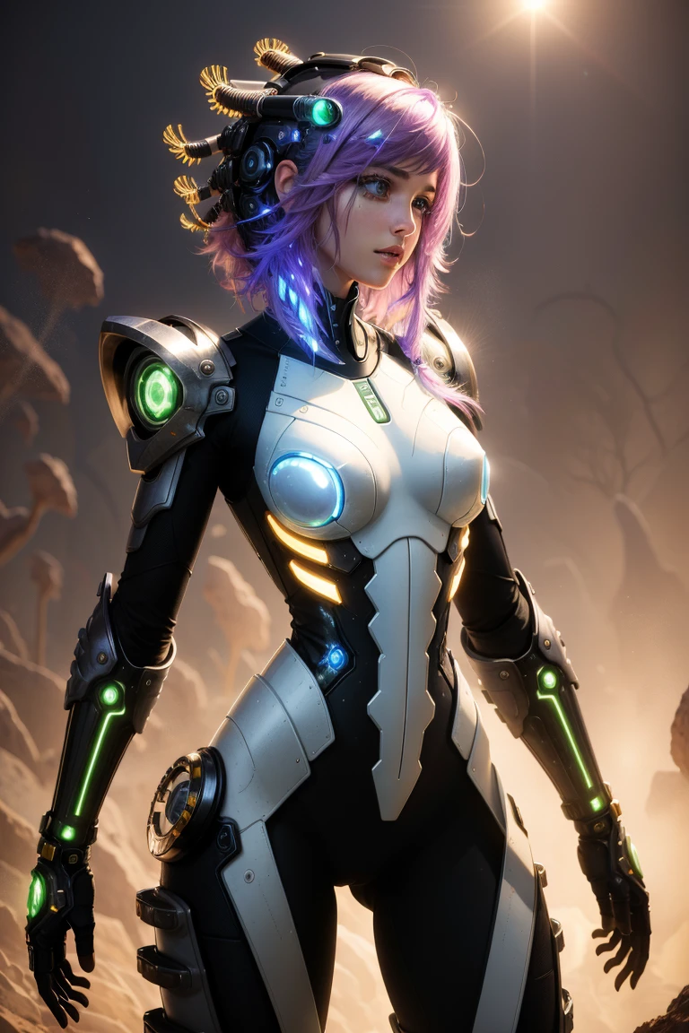 cowboy shot, A digital painting depicting a young woman living in the bio-punk world maintaining humanity, Bio punk, a world where man and machinery are melded through biological organisms, biomechanical, hive mind, repurposed muscles, enhanced sensory organs, enhanced limbs, armor made from bone and chitin, high definition, volumetric lighting, bioluminescence, high visual impact