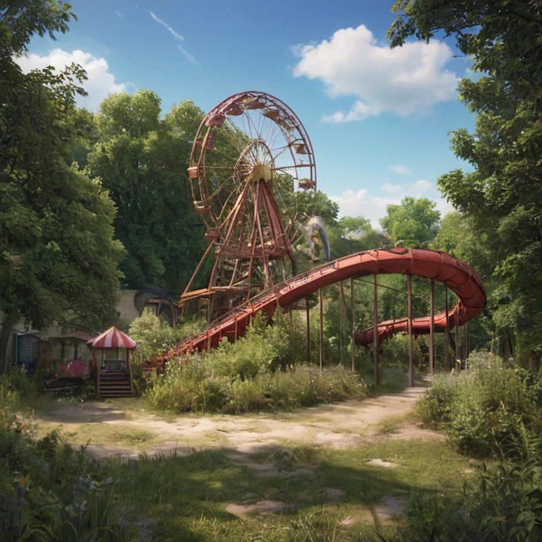 A image of An abandoned amusement park, its rusting rides and attractions being reclaimed by nature. Captured in HD on a hassleblad