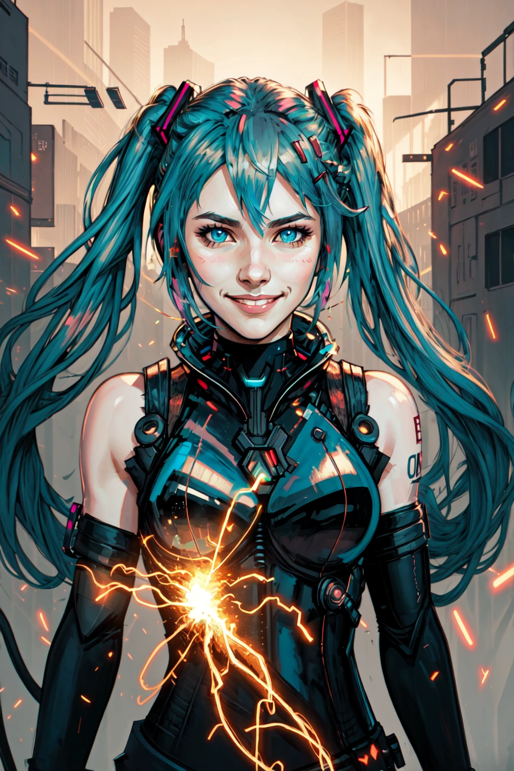 extreme light and shadow, rim lighting, side lighting, rim lighting, detailed face ,detailed eyes, detailed hair, tone mapping , specular highlights, ultra detailed, 2k cg detailed wallpaper, masterpiece, best quality, official art,cyberpunk wires, sparks, electricity, post apocalyptic,  Hatsune Miku