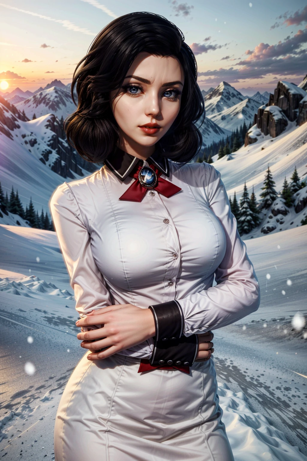 (masterpiece, best quality:1.3)
<lora:epi_noiseoffset2:1> <lora:add_detail:0.7> <lora:BioshockBurialElizabeth:0.8>
BioshockBurialElizabeth, 1girl, solo, red lipstick, snowy mountain peak, sunrise, soft pink and purple hues against white snow