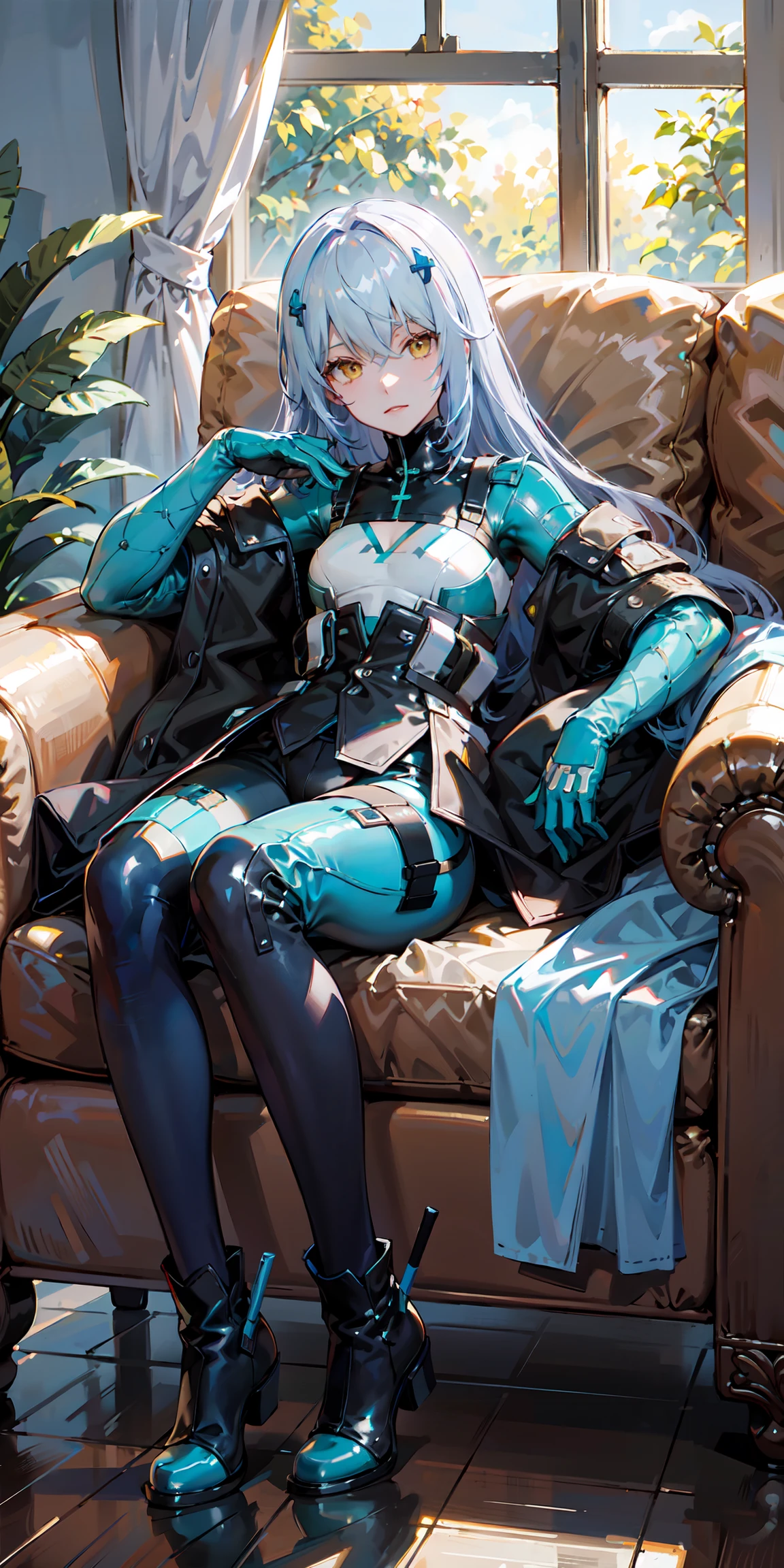 LYFEB, tactical_bodysuit, asymmetrical_leggings, boots, hairclip, gloves, light_blue_hair, long_hair, yellow_eyes, looking at viewer, naughty face, 1girl, lying on sofa, living_room, day, dappled_sunlight, window, blue_sky, (masterpiece,best quality,beautiful and aesthetic:1.2), <lora:LYFEB-v1:0.7> (teenage:1.2)