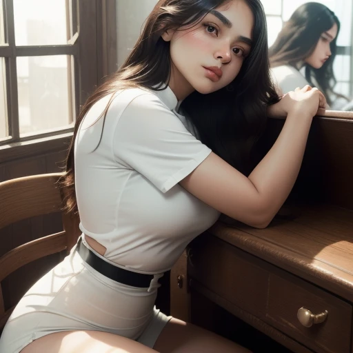 mmariarenee, long hair, 1girl, solo, white shirt, looking at viewer, face, arms, hands <lora:mmariarenee-bueno:0.8>, (masterpiece:1.4),(best quality:1.4),