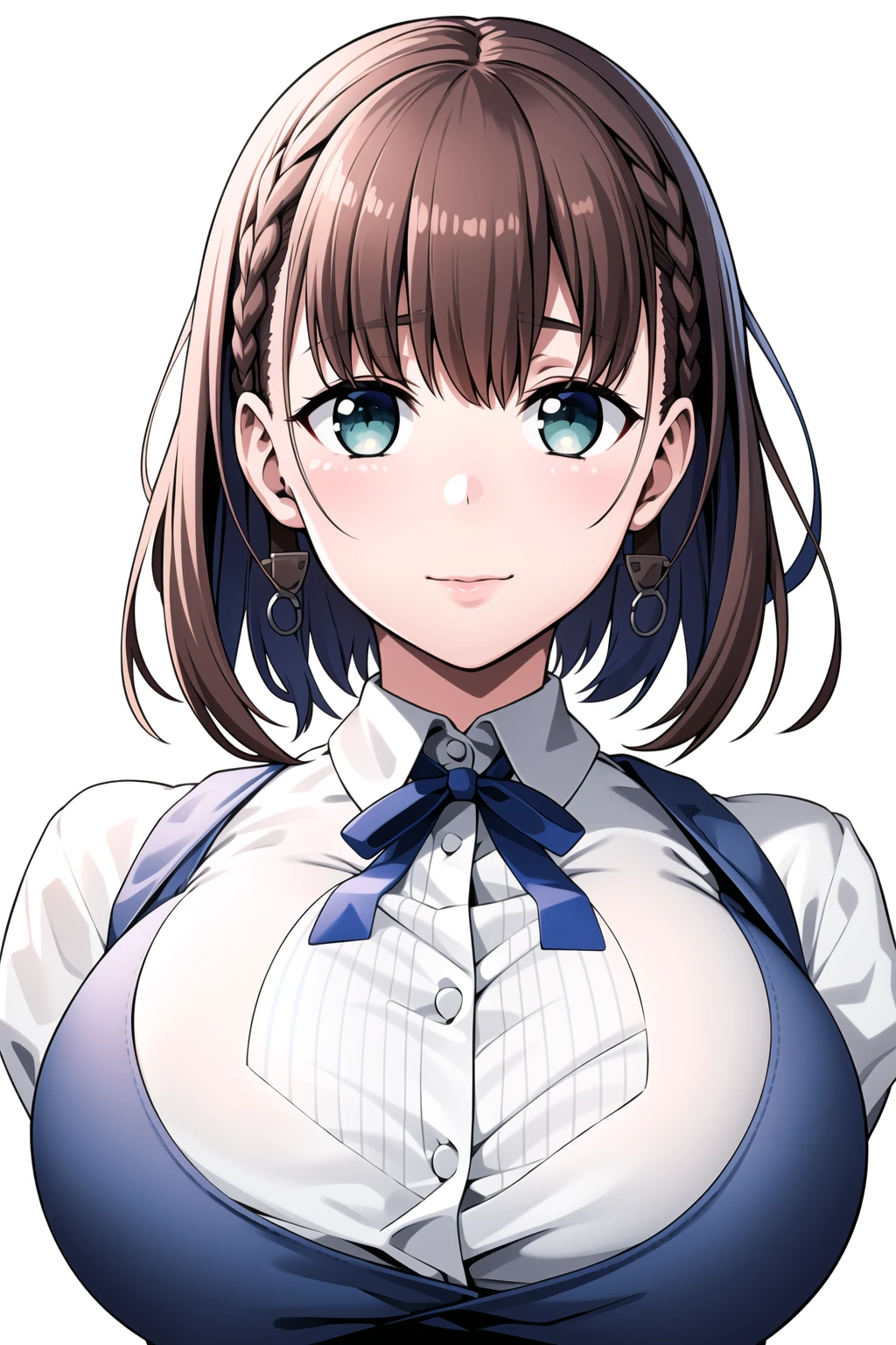 Simple White Background,
school_uniform,white_skirt,BLUE_Ribbon,BLUE_pleated_skirt,Black_pantyhose,overall,
<lora:Ai_chan_tawawa-V1:0.7>,
Brown_hair,SHORT_hair, GREEN_eyes,bangs,disheveled hair,hairclip,braids,
<lora:Oda_Non_Style-KK77-V2:0.1>,<lora:more_details:0.1>,
1 girl, 20yo,Young female,Beautiful Finger,Beautiful long legs,Beautiful body,Beautiful Nose,Beautiful character design, perfect eyes, perfect face,expressive eyes,perfect balance,
looking at viewer,(Focus on her face),closed mouth, (innocent_big_eyes:1.0),(Light_Smile:1.0),
official art,extremely detailed CG unity 8k wallpaper, perfect lighting,Colorful, Bright_Front_face_Lighting,White skin,
(masterpiece:1.0),(best_quality:1.0), ultra high res,4K,ultra-detailed,
photography, 8K, HDR, highres, absurdres:1.2, Kodak portra 400, film grain, blurry background, bokeh:1.2, lens flare, (vibrant_color:1.2),professional photograph,
(Beautiful,huge_Breasts:1.4), (beautiful_face:1.5),(narrow_waist),