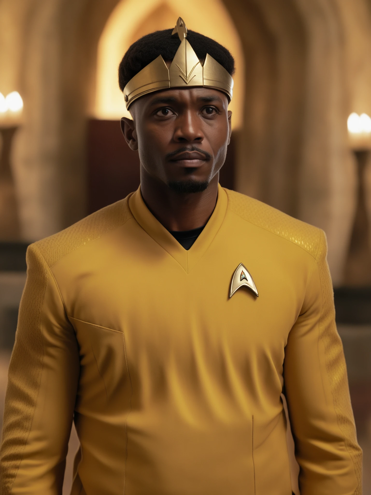 african man, in yellow stsnwunf uniform,in a castle,wearing a crown<lora:DSSNWXL:0.8>