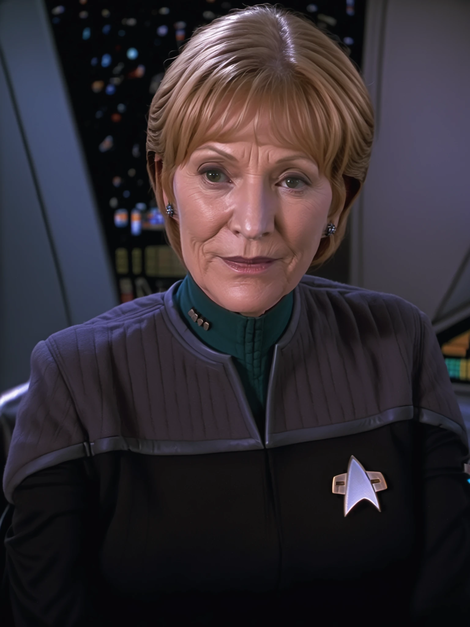 older woman in black and grey ds9st uniform,teal collar,sitting,spaceship bridge<lora:DS9XLV21_16-000004:0.8>
