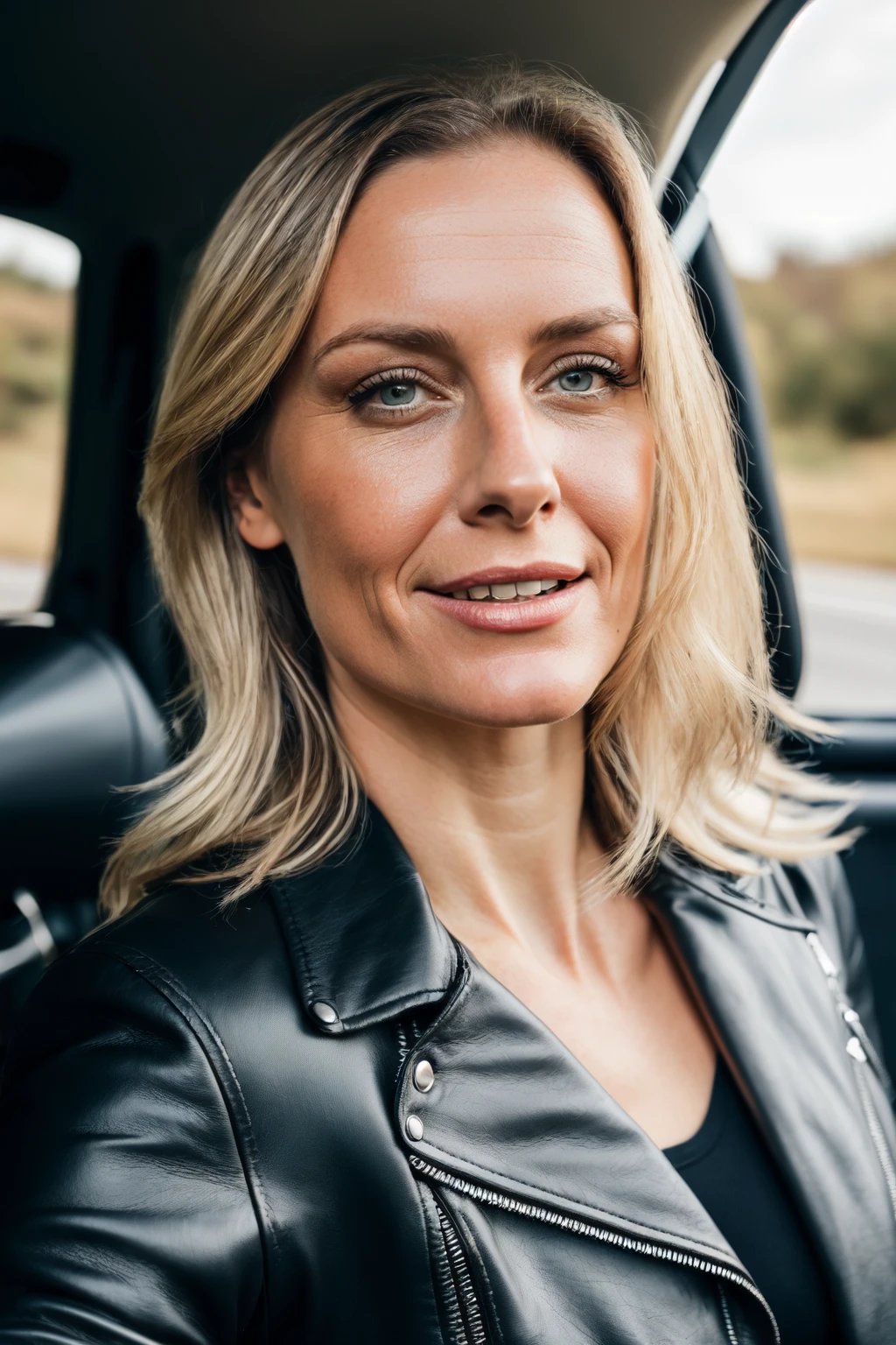 a photo of a 40 year old woman,  driving a motorbike,  long blonde hair,  black leather jacket,  HDR,  intricate details,  detailed face,  detailed eyes,  detailed skin,  extreme realistic