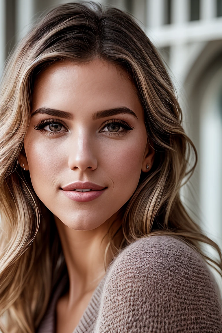 Photographie d’une belle fille, Portez un chandail d’automne, cheveux longs d’un côté, buste lourd 36DD, Regardez dans la caméra, yeux symétriques, visage symétrique, photoréaliste, photographie, Disposition du tracé, éclairage spéculaire, Lumière volumétrique du visage, Chemin des cheveux, Ombres visibles, complexe, élaborer