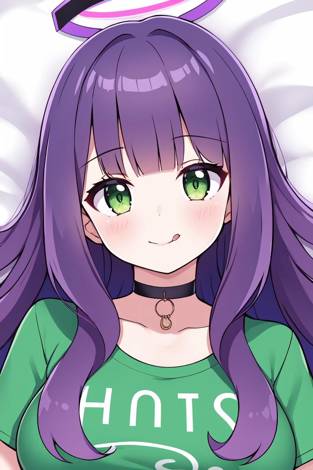 masterpiece, best quality, 1girl, solo,
long hair, green eyes, purple hair, wavy hair, (tongue out:0.9), blunt bangs, large breasts, choker, t-shirt, seductive smile, halo,
on back, bed sheet, portrait,