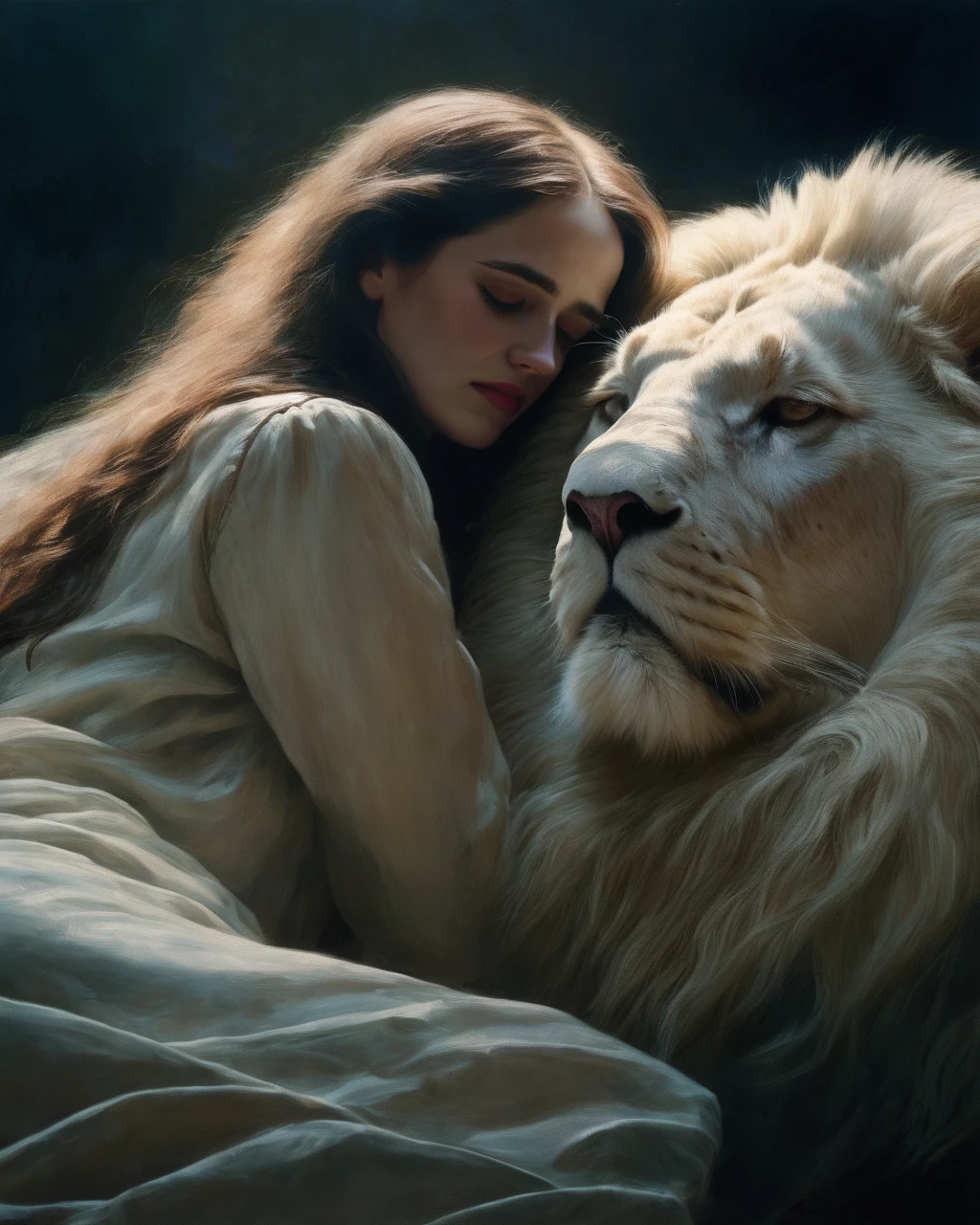 eva_green, <lora:EvaGreenXL:1>,Impressionist painting Side shot of a Girl with very long hair hugging her Huge Fluffy white lion, woman Sleeping, sad and dark, cool Aesthetic background . Loose brushwork, vibrant color, light and shadow play, captures feeling over form
