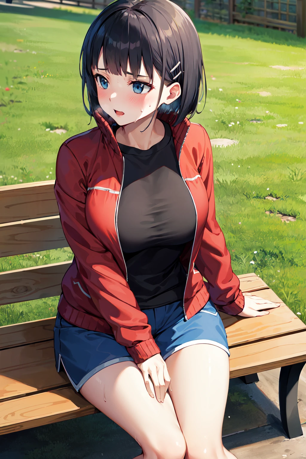 masterpiece, best quality, highres, aasugu, short hair, hairclip, large breasts, track jacket, red jacket, black shirt, blue shorts, <lora:kirigaya_suguha_v1:0.7>, sitting, bench, sweat, outdoors