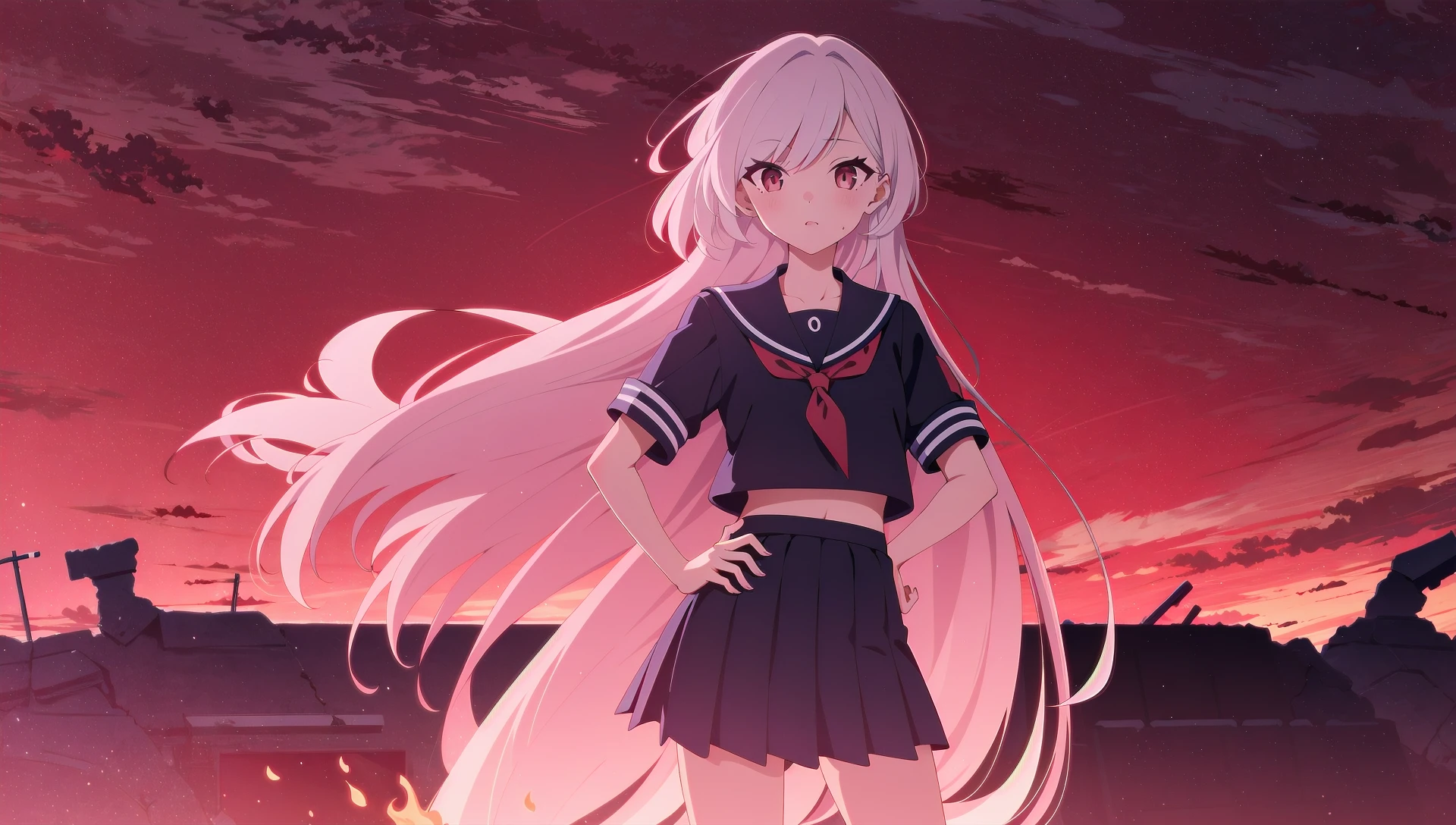 1girl, solo, <lora:BArtstyleREv3-CF3-Lion:0.8>, 1girl, solo, white hair, long hair, multicolored hair, school uniform, sweater, short sleeves, pleated skirt, standing, hand on hips, cropped legs, cowboy shot,, red theme, red sky, ruins, fire,