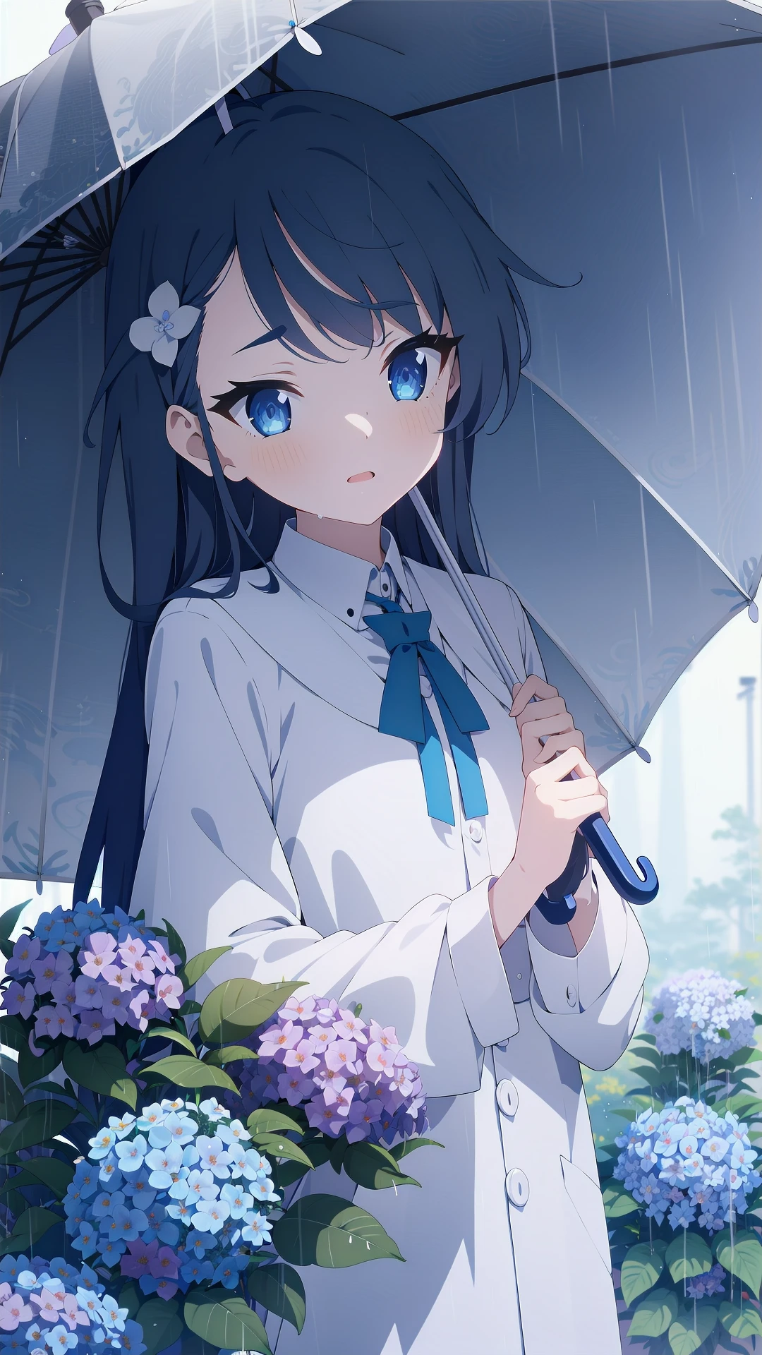 1girl, solo, <lora:BArtstyleREv3-CF3-Lion:0.8>, grey theme, holding umbrella, hydrangea, parasol,rain, red umbrella, shared umbrella, transparent, transparent umbrella, 1girl, flower, snail,holding, raincoat, solo, long hair, teruterubouzu,very long hair, purple flower, blue eyes, outdoors, long sleeves, ribbon, neck ribbon, water drop, overcast, white shirt, rubber boots, hair ornament, upper body, parted lips, utility pole, eyebrows visible through hair
