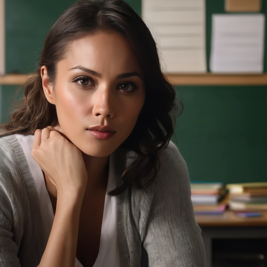 lexa_doig, <lora:LexaDoigXL:1>, woman, teacher, in school, leaning on a desk, happy, blackboard in background, (masterpiece, best quality, ultra-detailed, best shadow), high contrast, (best illumination), ((cinematic light)), colorful, hyper detail, dramatic light, intricate details, (1 girl, solo) , ultra detailed artistic photography, dreamy, backlit, shadows, ultra high definition, 8k, ultra sharp focus, ultra high quality model, soft lighting, film photography, analogue photography, hyperrealism,, ((sharp face, detailed face, realistic face, naturtal skin, realistic skin, detailed skin, pores)), ((perfect eyes, detailed eyes,realistic eyes))