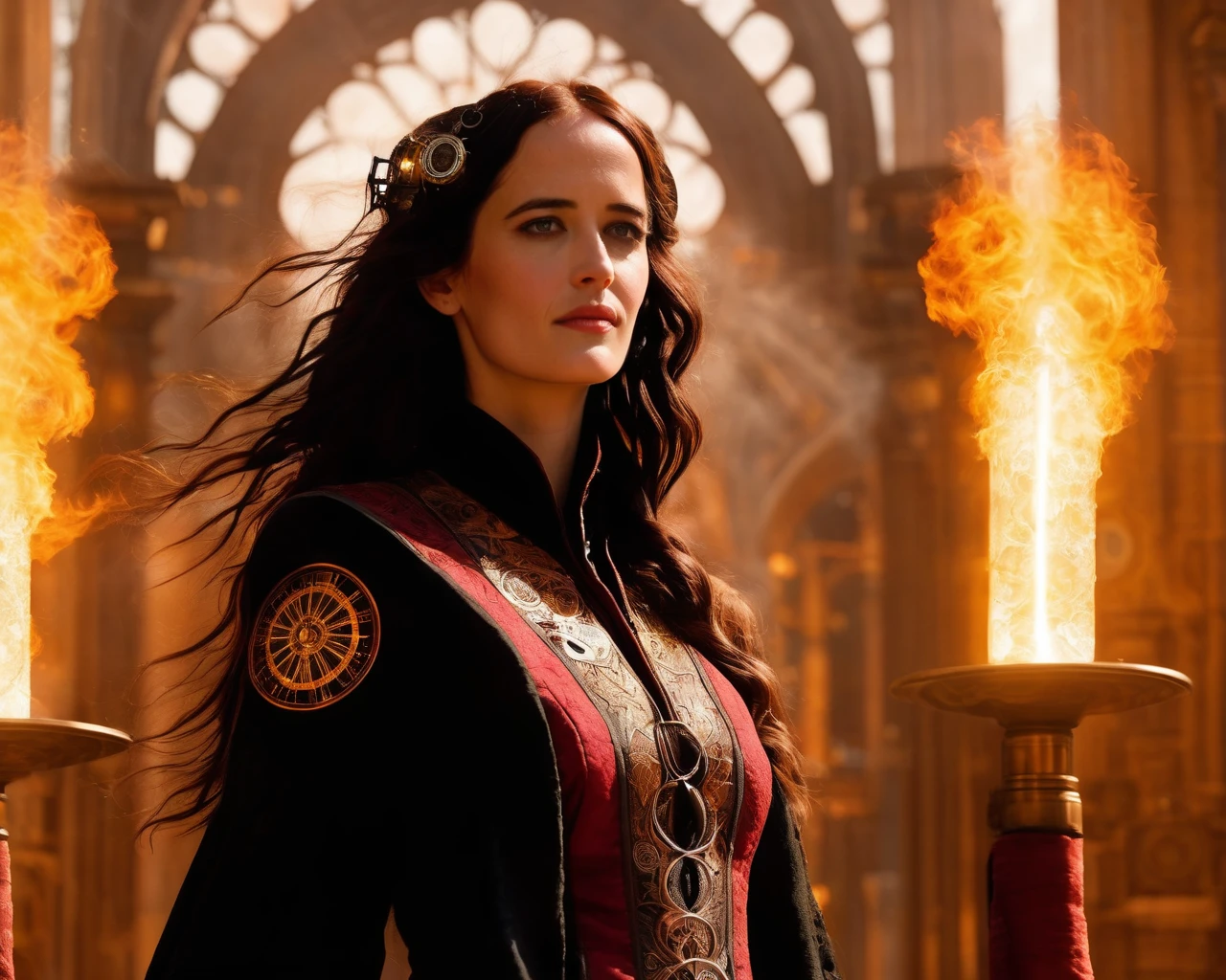 eva_green, <lora:EvaGreenXL:1>, detailed image of a steampunk priestess with long hair, in a futuristic steampunk cathedral, red and black robe,mystically glowing vest, intricate patterns, steampunk goddess, radiating colored aura, glowing, otherworldly, dreamy, mystical, religious experience, altar, columns, sunrise, golden hour,wind,storm, (steampunk),backlighting,reflections,explosions, electric wire tree,smoke,gate,black feathers,flames from behind, ((perfect eyes, detailed eyes,realistic eyes)), ((sharp face, detailed face, realistic face, naturtal skin, realistic skin, detailed skin, pores))