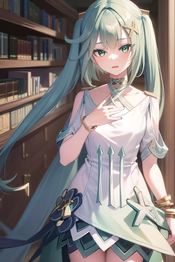 faruzan, <lora:faruzan-lora-nochekaiser:1>,
faruzan, aqua hair, blunt bangs, cowlick, (green eyes:1.5), hair between eyes, hair ornament, long hair, (symbol-shaped pupils:1.5), (triangle-shaped pupils:1.5), twintails, x hair ornament, <lora:smirkingeye_v100:1>, <lora:smirkingmouth_v100:1>, open mouth, smile,
BREAK bangle, bare shoulders, bracelet, dress, jewelry, short sleeves, shiny clothes,
BREAK looking at viewer, full body, (cowboy shot:1.5), upper body,
BREAK indoors, library,
BREAK <lyco:GoodHands-beta2:1>, (masterpiece:1.2), best quality, high resolution, unity 8k wallpaper, (illustration:0.8), (beautiful detailed eyes:1.6), extremely detailed face, perfect lighting, extremely detailed CG, (perfect hands, perfect anatomy),