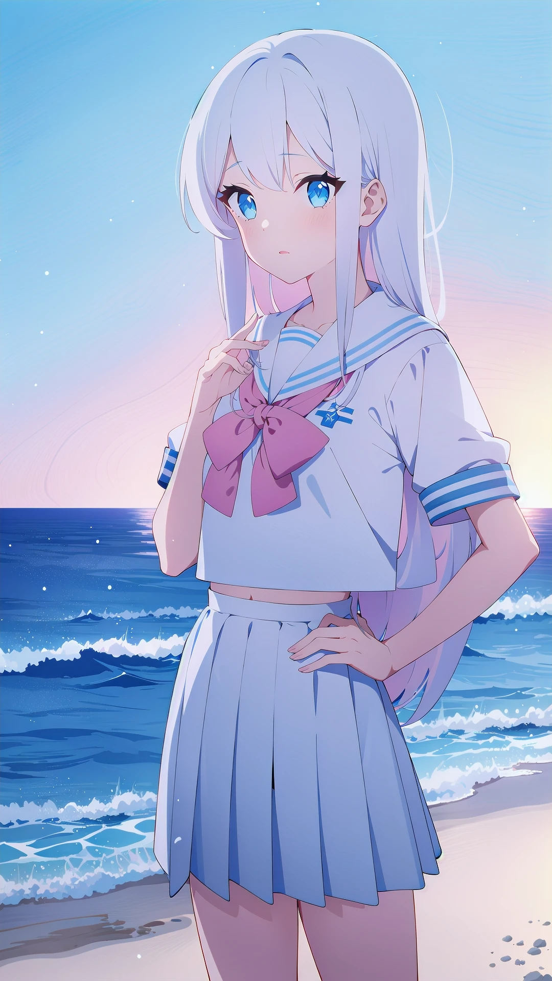 1girl, solo, <lora:BArtstyleREv3-CF3-Lion:0.8>, 1girl, solo, white hair, long hair, multicolored hair,  school uniform,  sweater, short sleeves, pleated skirt, standing, hand on hips, cropped legs, cowboy shot,, pink theme, blue sky, white background, ocean, rim light, horizon, scenery,