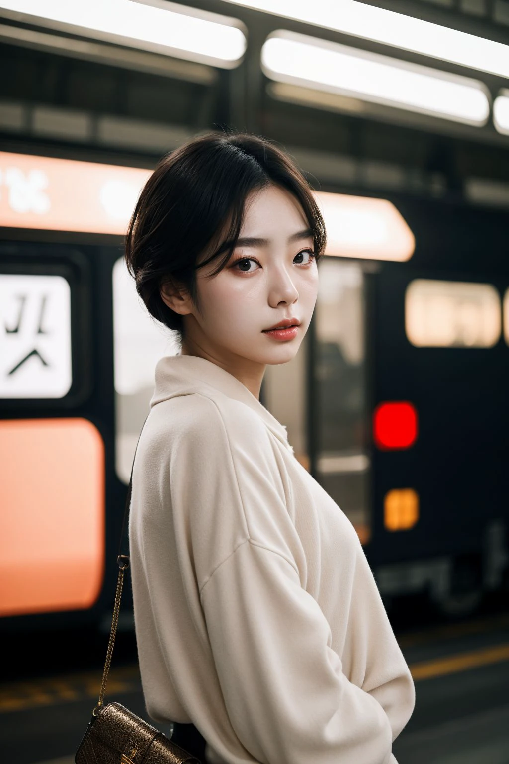 Cinematic Photo of a beautiful korean fashion model bokeh train