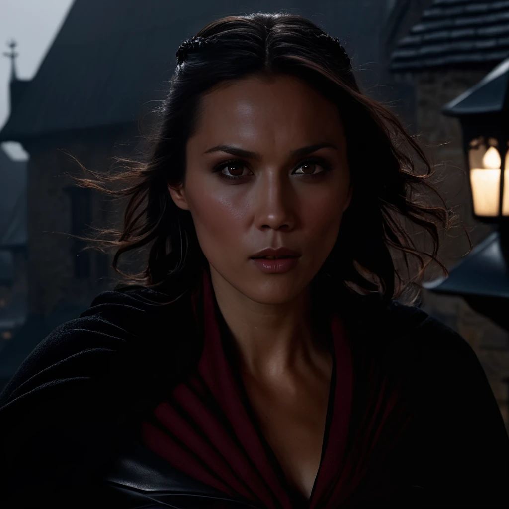 lexa_doig, <lora:LexaDoigXL:1>, portrait, medieval assassin, (( long hair, hair over eye, hair in face, black cloak, black cape, wild hair, floating hair)), on a roof at night, hiding in the shadows, dirty, messy, raining, foggy, scratched, torn red cape, dim light, noir style, medieval city at night, ((perfect eyes, detailed eyes,realistic eyes)), ((sharp face, detailed face, realistic face, naturtal skin, realistic skin, detailed skin, pores))