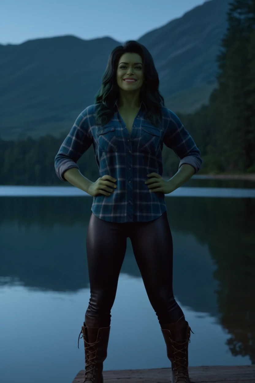 cinematic film still she-hulk wearing fleece-lined leggings, oversized flannel shirt, and combat boots at a serene and tranquil lake reflecting the shimmering moonlight, (uncontrollable laughter) <lora:She_Hulk:0.8> . shallow depth of field, vignette, highly detailed, high budget Hollywood movie by park chan-wook, bokeh, cinemascope, moody, epic, gorgeous, film grain, grainy