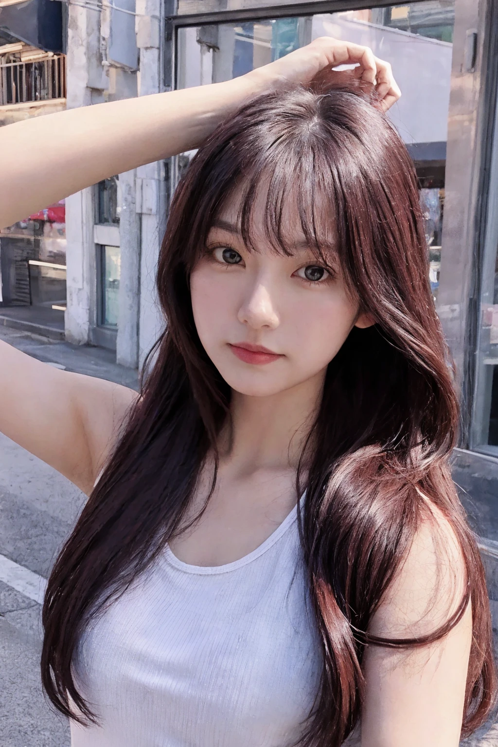 adult lady, posing to viewer, solo:1, pov,
random place, random background, random pose, long hair, upper body, white top tank,