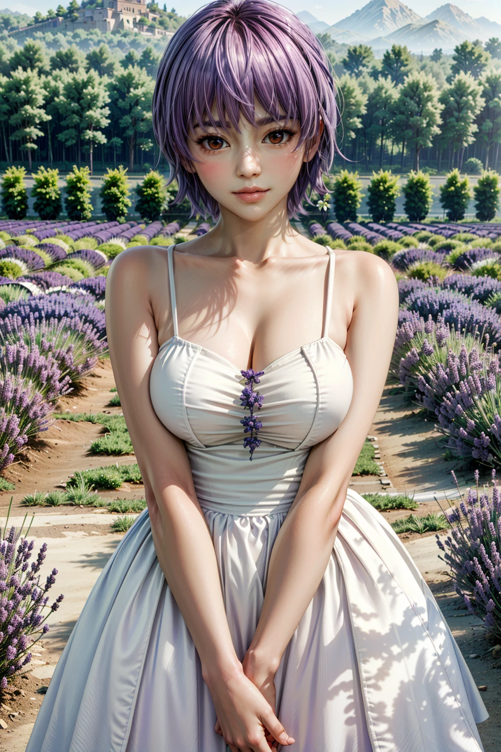(masterpiece, best quality:1.3)
<lora:epi_noiseoffset2:1> <lora:add_detail:0.7> <lora:DOAAyane:0.8>
DOAAyane, 1girl, solo, blush, short hair, lavender farm, midday, fragrant and picturesque with fields of purple under bright sunlight