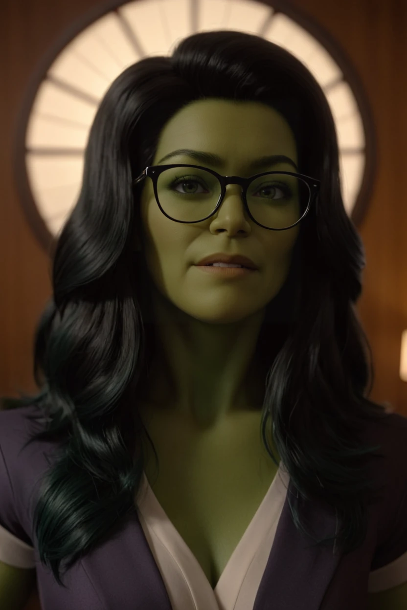 cinematic film still she-hulk wearing round glasses at a parallel dimension where magic is forbidden and hunted, (fearful cry), medium shot <lora:She_Hulk:0.8> . shallow depth of field, vignette, highly detailed, high budget Hollywood movie by james cameron, bokeh, cinemascope, moody, epic, gorgeous, film grain, grainy