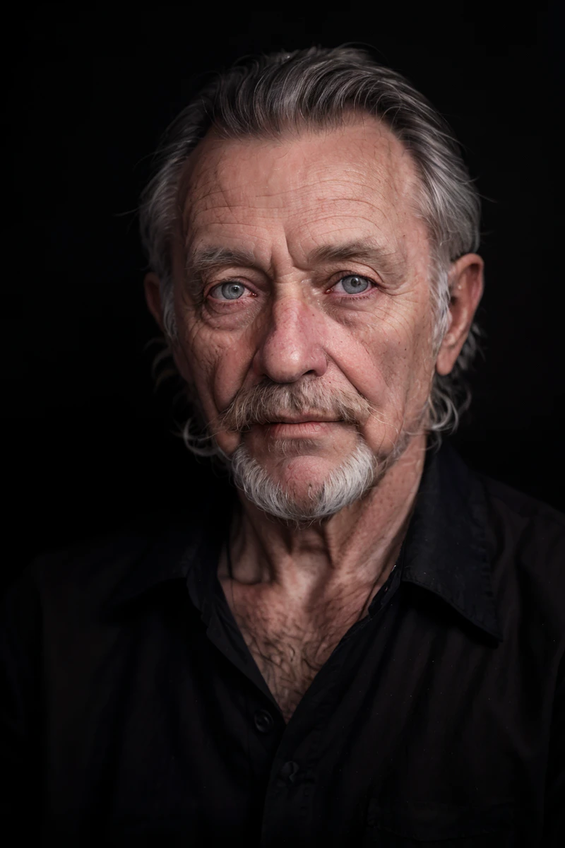 (analog photo:1.2),((close-up) an older man with a beard and a black shirt,(black background),spot light),(midnight hour, high quality, film grain), (natural colors, correct white balance, color correction, dehaze,clarity)