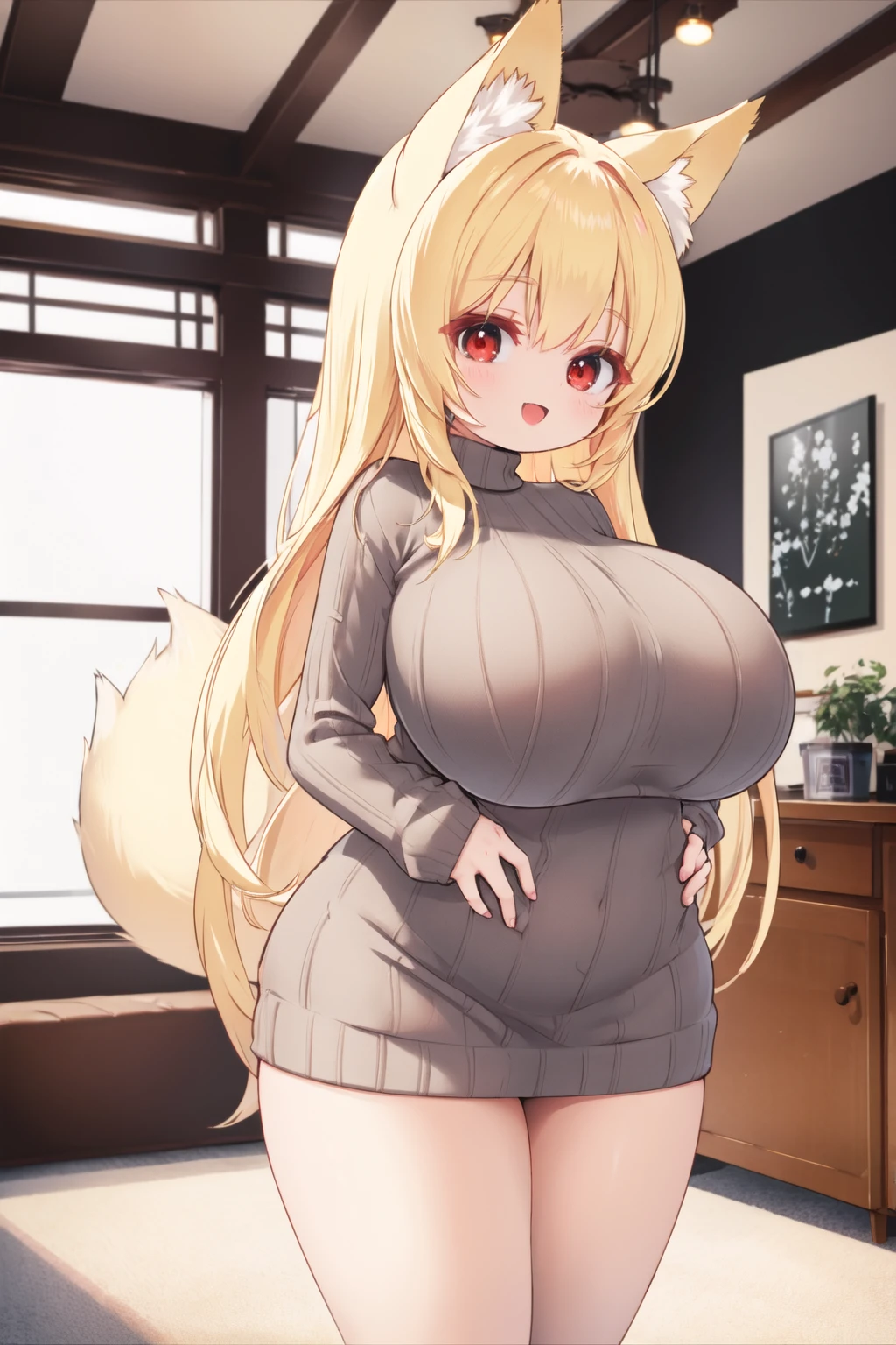 <lora:futon-10:0.6>, blonde hair, sweater dress, minidress, wide hips, huge breasts, :d, fox ears, fox tail, indoors, red eyes
