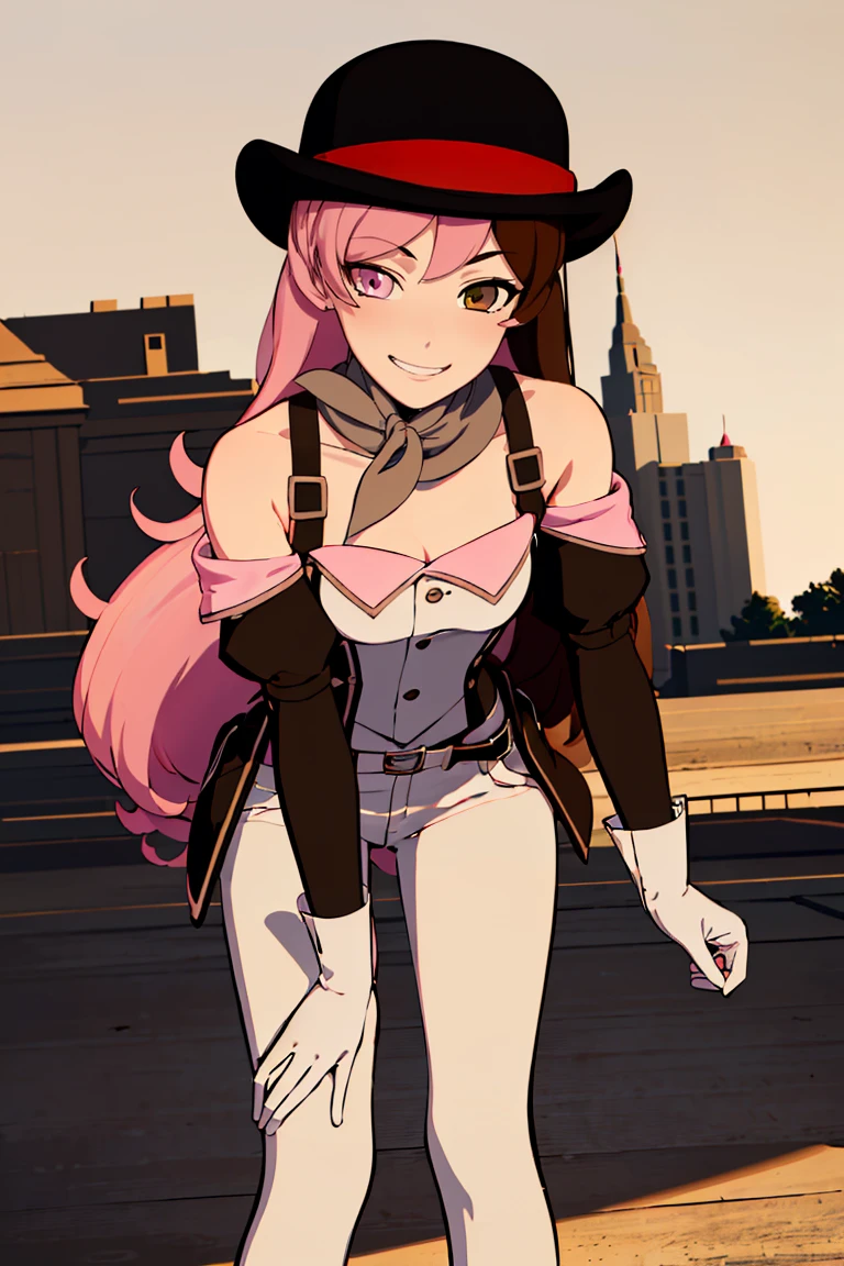 ((masterpiece,best quality)),  absurdres,
<lora:Neopolitan_RWBY_v2_AnyLora:0.8>, Neopolitan_RWBY,  pink hair, brown hair, split-color hair, ((brown eyes, pink eyes, heterochromia)), smug,
white pants, white gloves,
solo, smiling, looking at viewer, cowboy shot, leaning forward,
