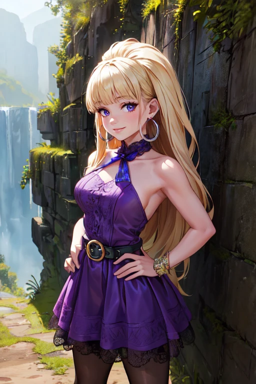(masterpiece:1.2), (best quality), (ultra detailed), (8k,4k),(half body:1.2),(cowboy:1.2),(highly detailed:1.2),(detailed face:1.2), (detailed background),(portrait),detailed landscape,(dynamic pose:1.2),(perfect lightingbest quality),<lora:more_details:0.5>, <lora:pacificaV3:0.7>pacifica,1girl, (solo), long hair, looking at viewer, smile, bangs, dress, jewelry, standing, full body, pantyhose, earrings, boots, belt, blunt bangs, purple dress, hands on hips, hoop earrings, style parody