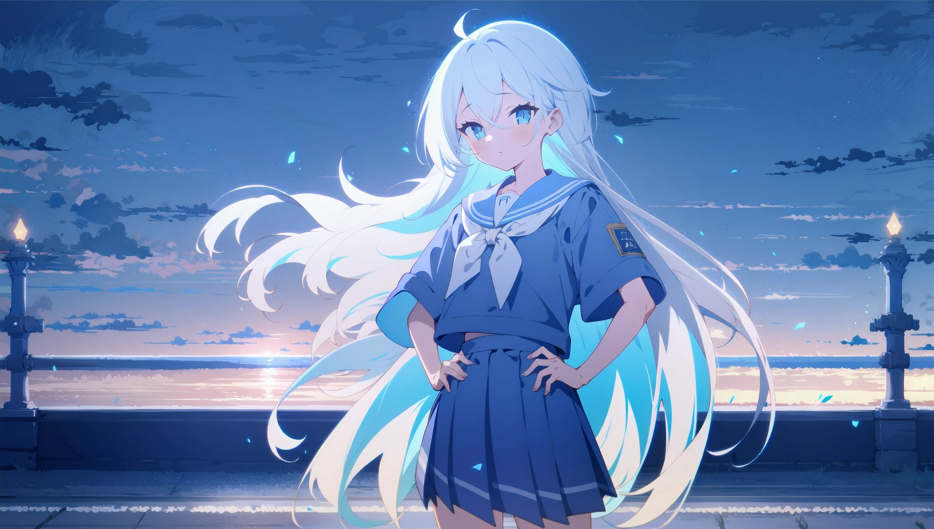 1girl, solo, <lora:BArtstyleREv3-Silicon29-Lion:0.8>, 1girl, solo, white hair, long hair, multicolored hair, school uniform, sweater, short sleeves, pleated skirt, standing, hand on hips, cropped legs, cowboy shot,, blue theme, night, building, outdoors, blue light,