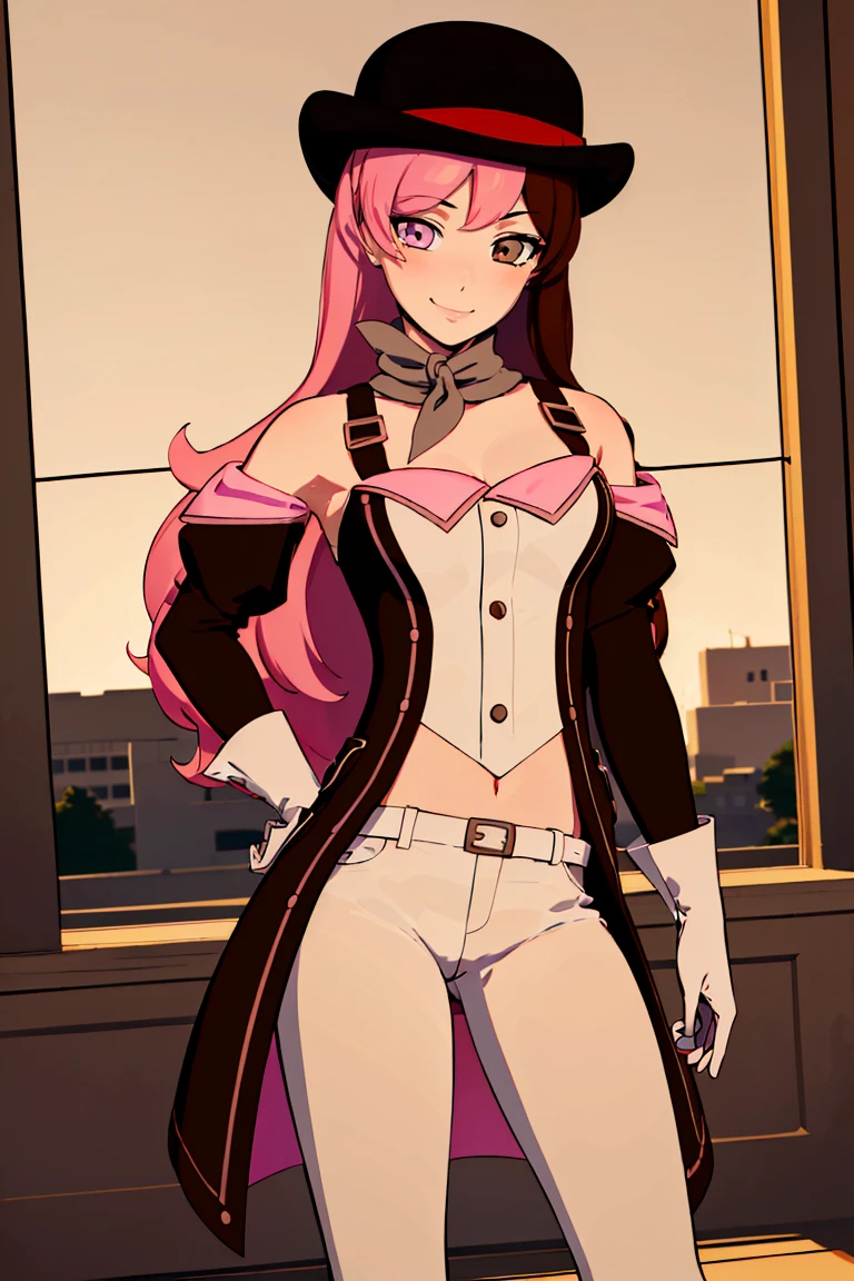 ((masterpiece,best quality)),  absurdres,  
<lora:Neopolitan_RWBY_v2_AnyLora:0.8>, Neopolitan_RWBY,  pink hair, brown hair, split-color hair, ((brown eyes, pink eyes, heterochromia)), blushing,
white pants, white gloves,
solo, smiling, looking at viewer, cowboy shot, contrapposto,