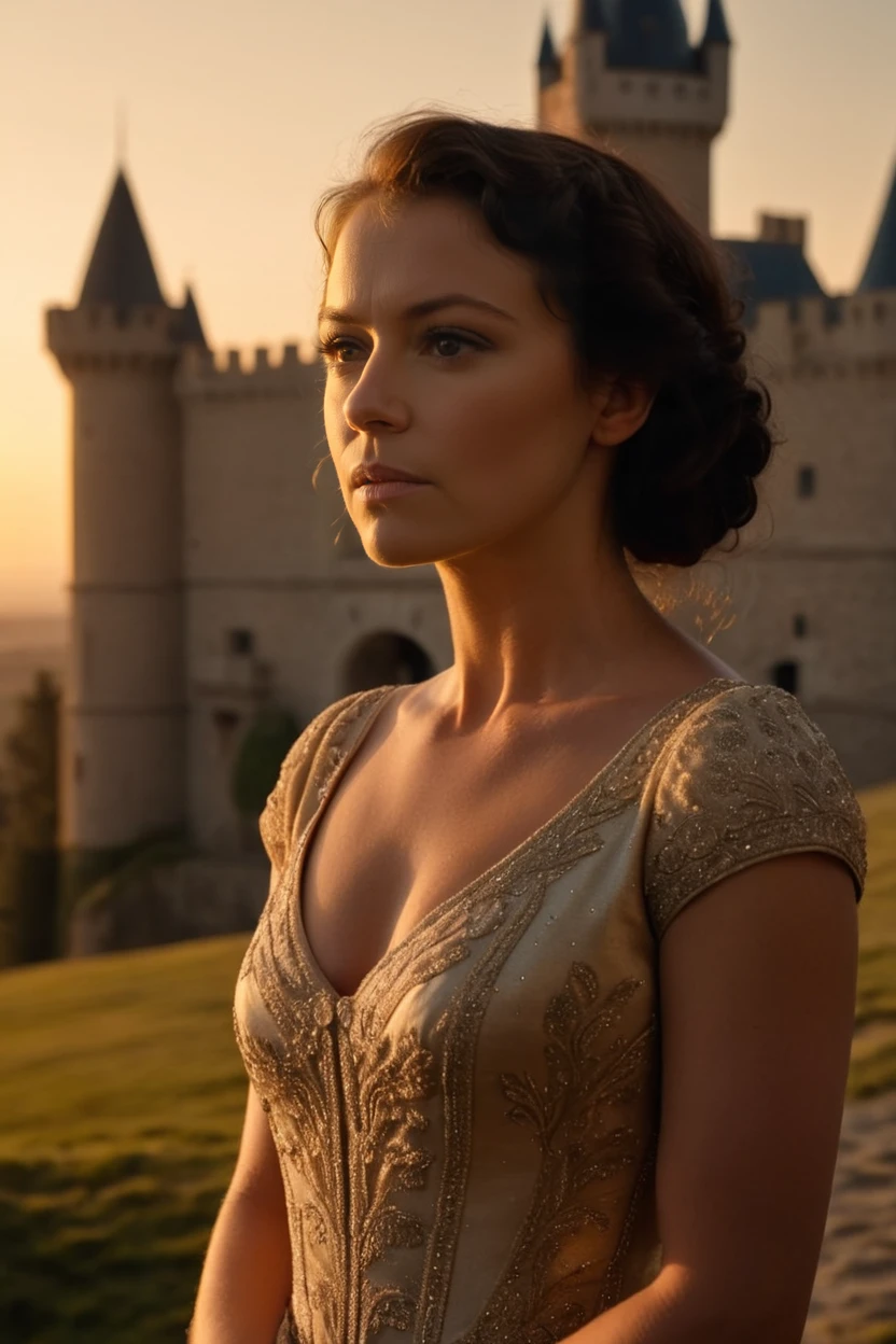 cinematic film still jennifer walters at a majestic castle gleaming under a golden sunset, full body shot, (flinch) <lora:She_Hulk:0.8> . shallow depth of field, vignette, highly detailed, high budget Hollywood movie by darren aronofsky, bokeh, cinemascope, moody, epic, gorgeous, film grain, grainy
